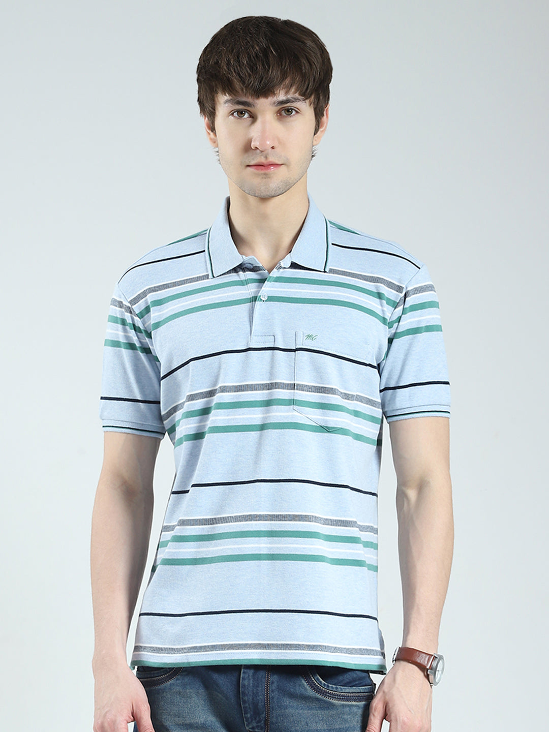 Men Blue Stripe Collar Half Sleeve T-Shirt