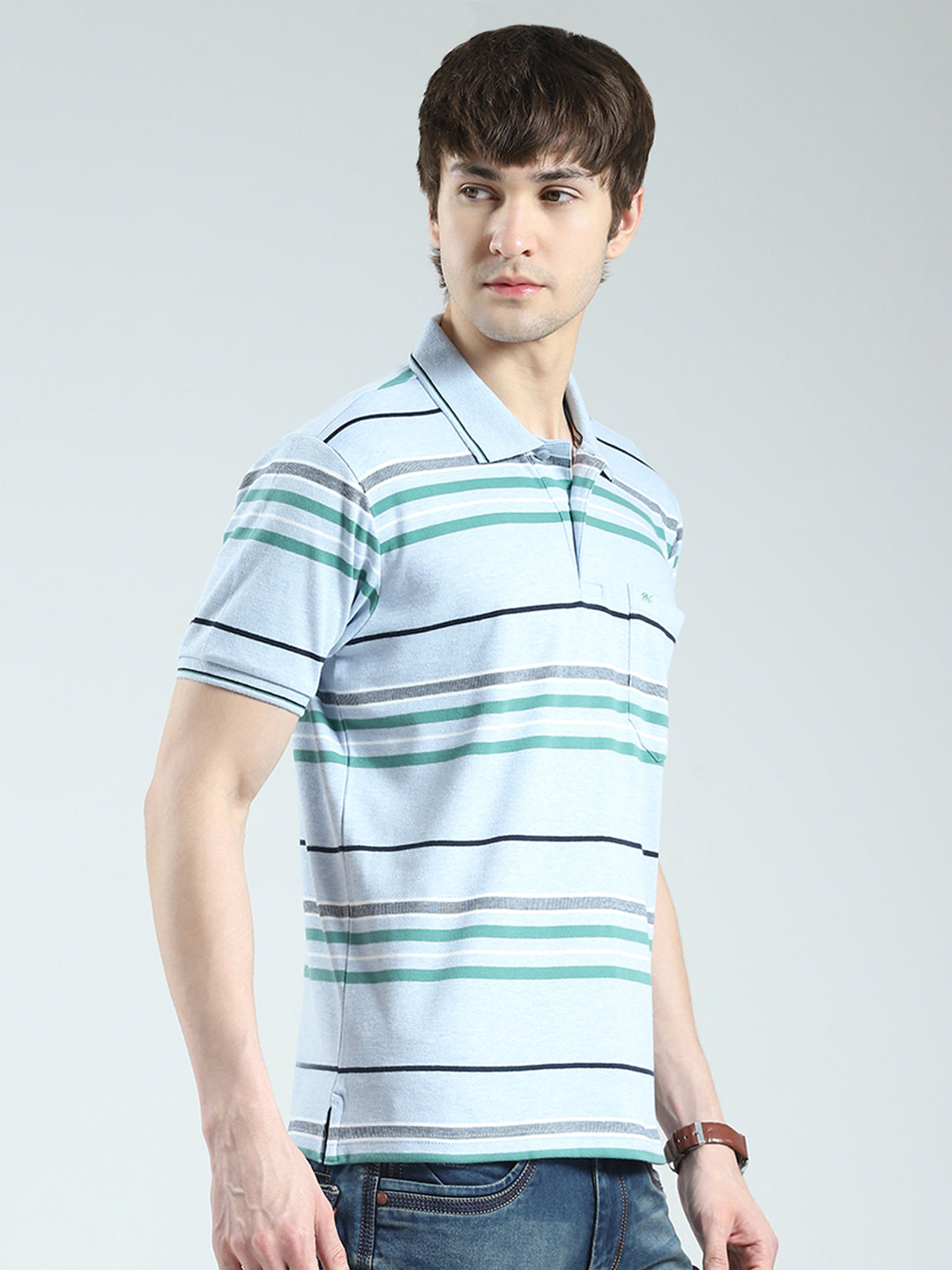 Men Blue Stripe Collar Half Sleeve T-Shirt