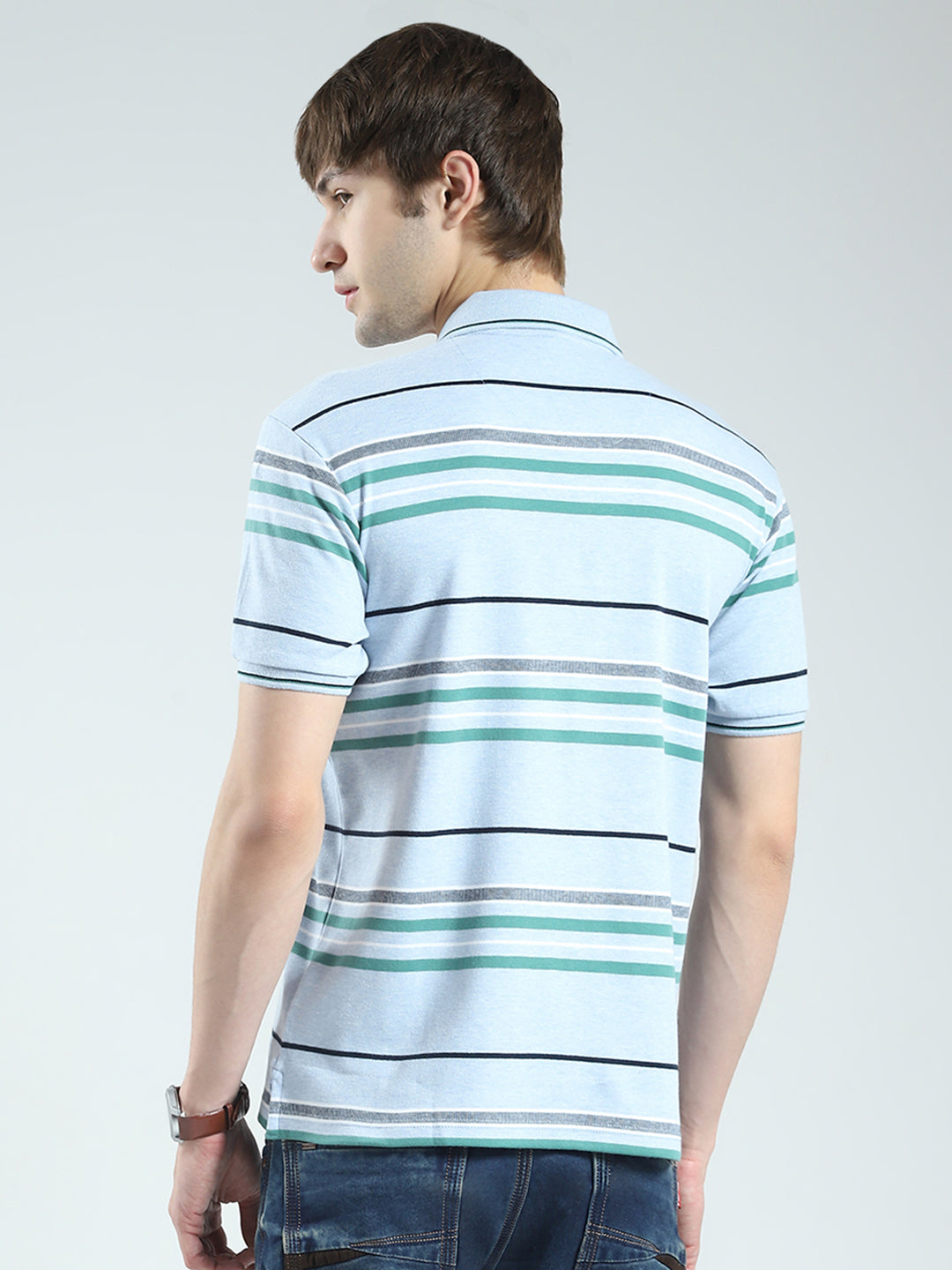 Men Blue Stripe Collar Half Sleeve T-Shirt