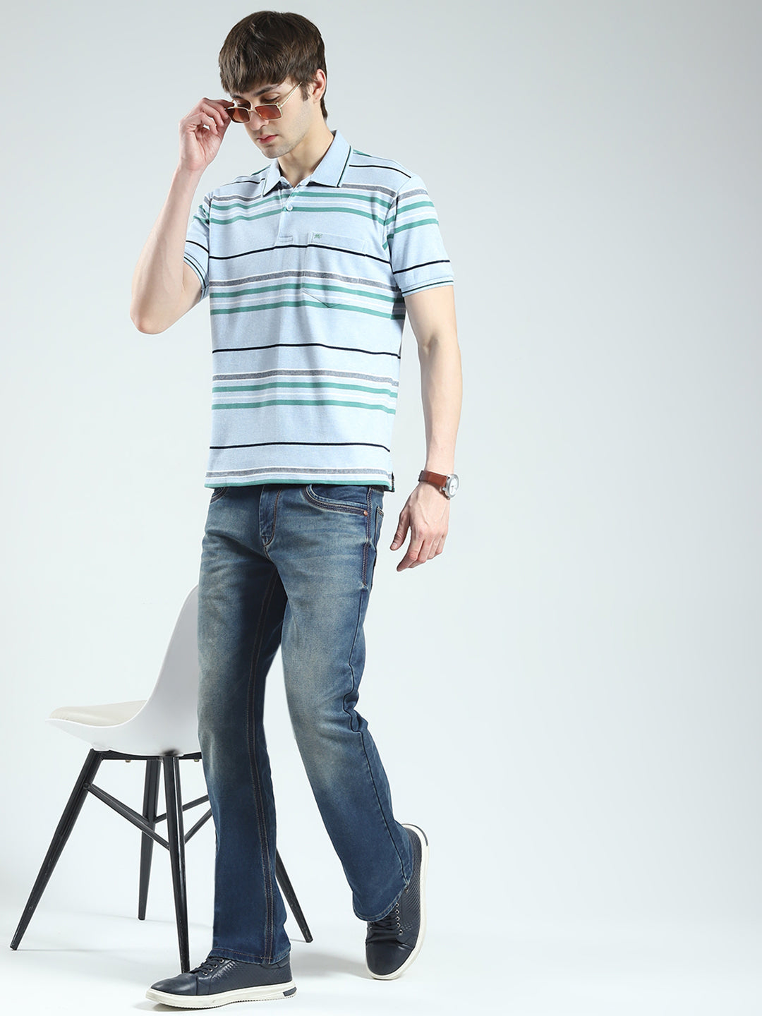 Men Blue Stripe Collar Half Sleeve T-Shirt