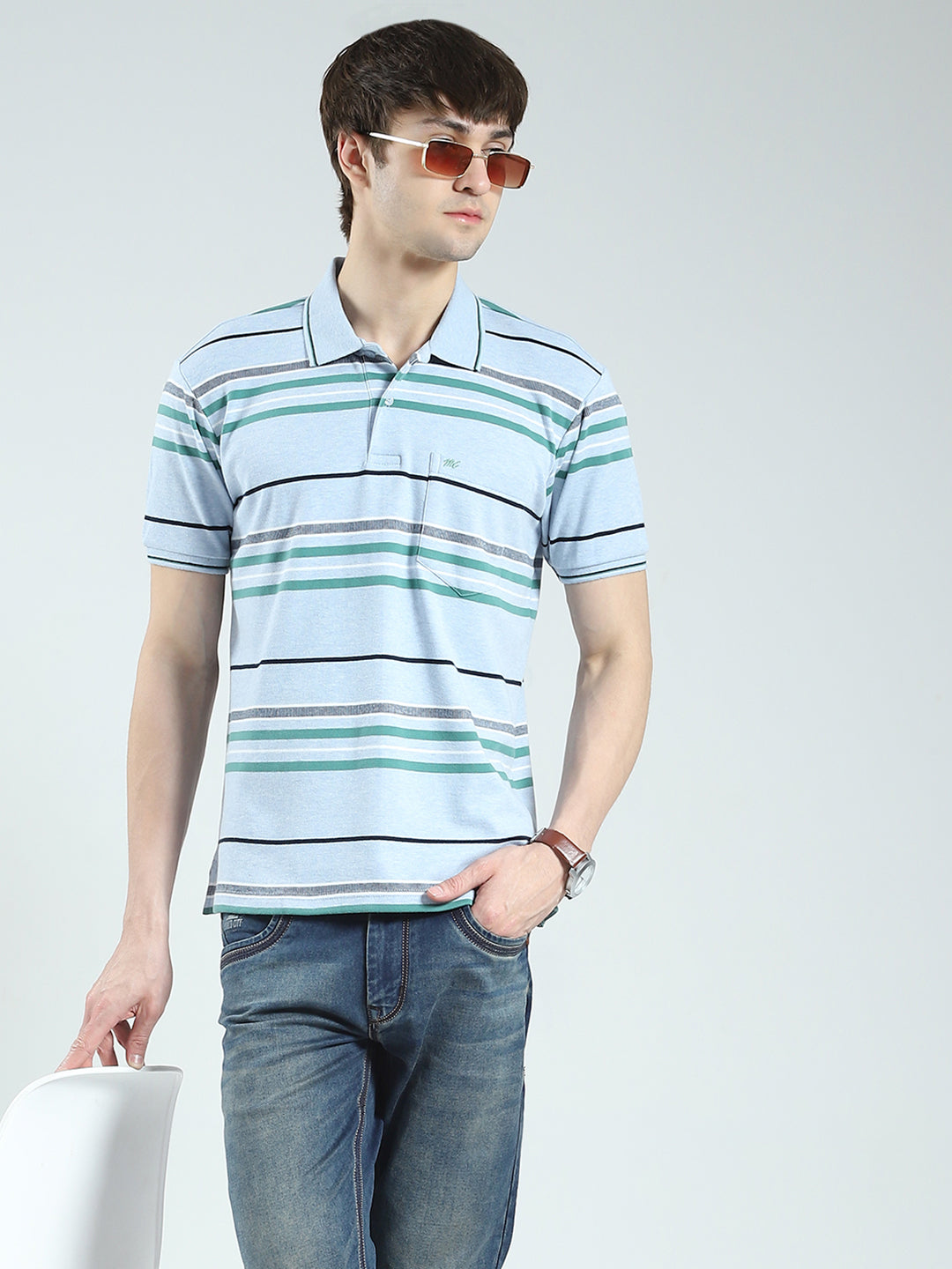 Men Blue Stripe Collar Half Sleeve T-Shirt