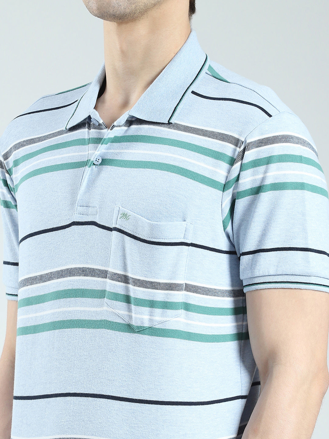 Men Blue Stripe Collar Half Sleeve T-Shirt