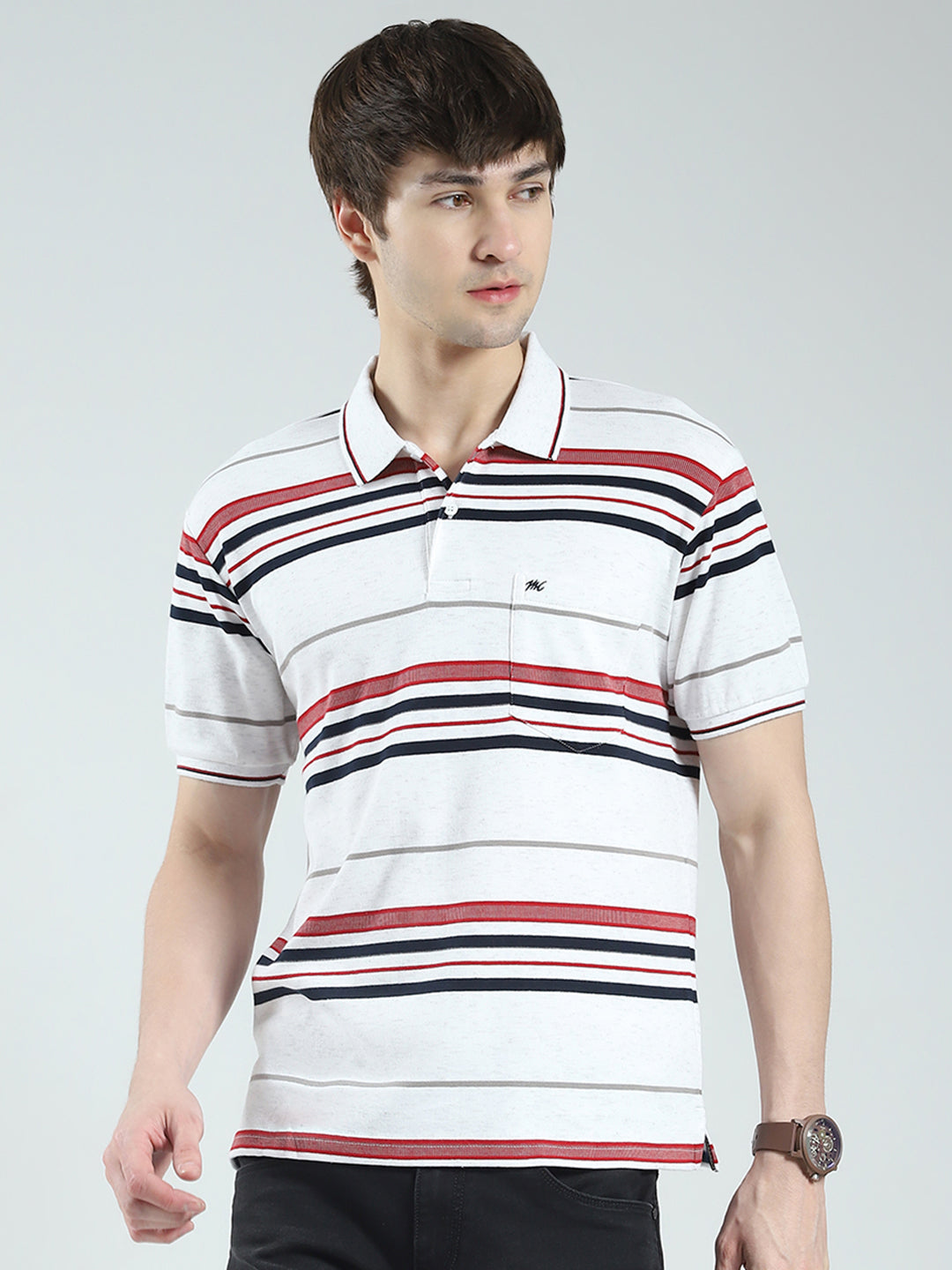 Men White Stripe Collar Half Sleeve T-Shirt