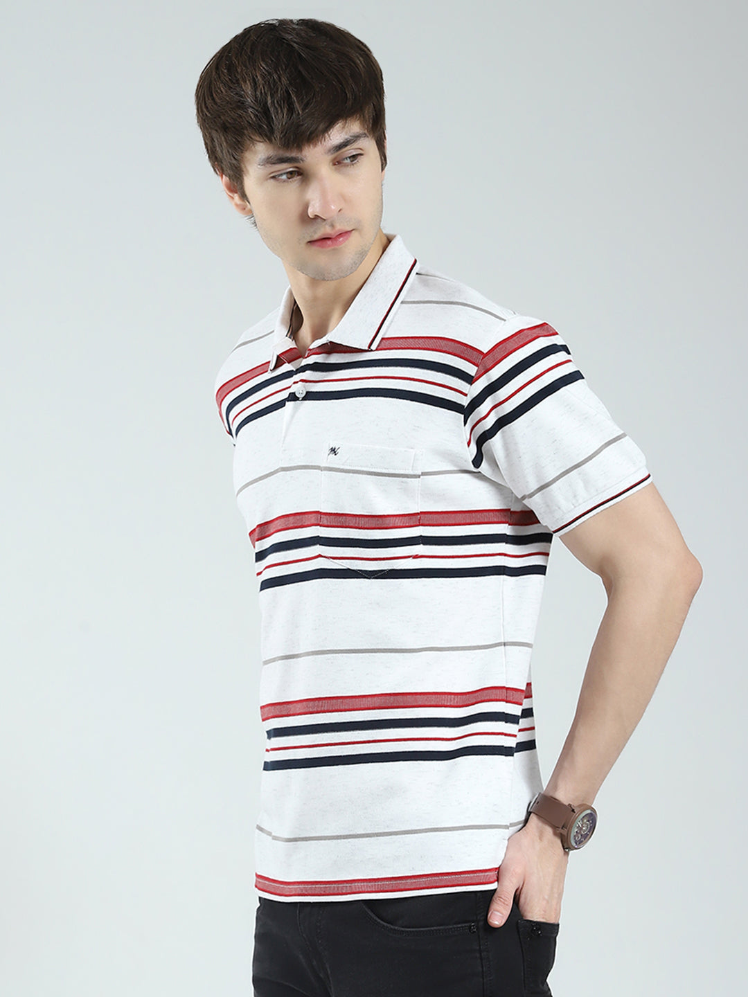 Men White Stripe Collar Half Sleeve T-Shirt