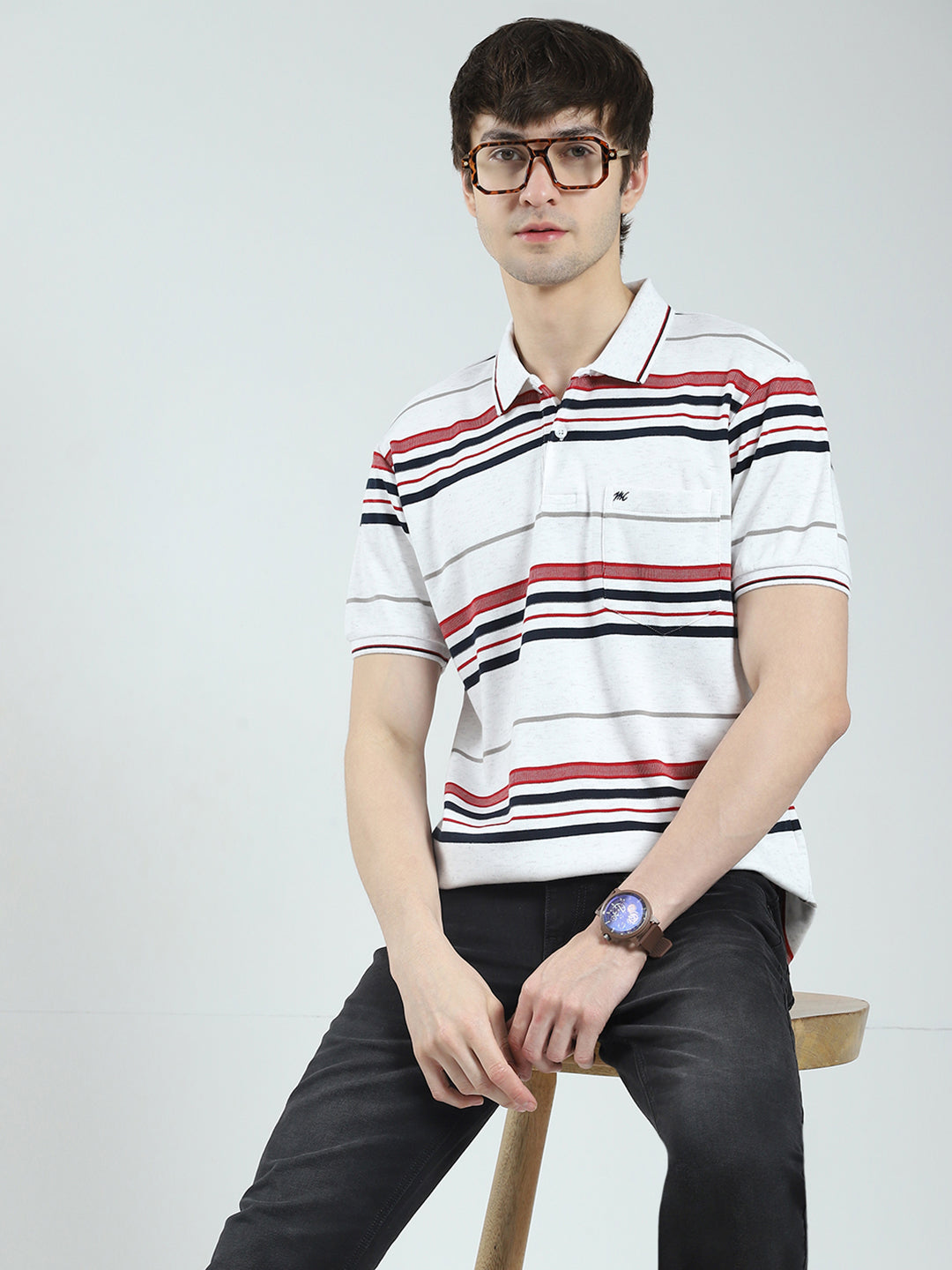 Men White Stripe Collar Half Sleeve T-Shirt