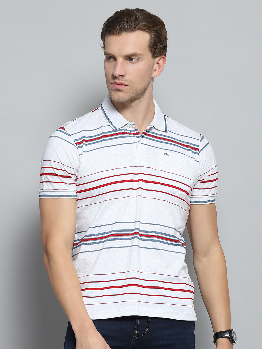 Men White Stripe Collar Half Sleeve T-Shirt