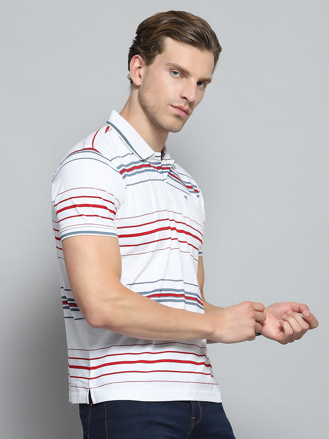 Men White Stripe Collar Half Sleeve T-Shirt