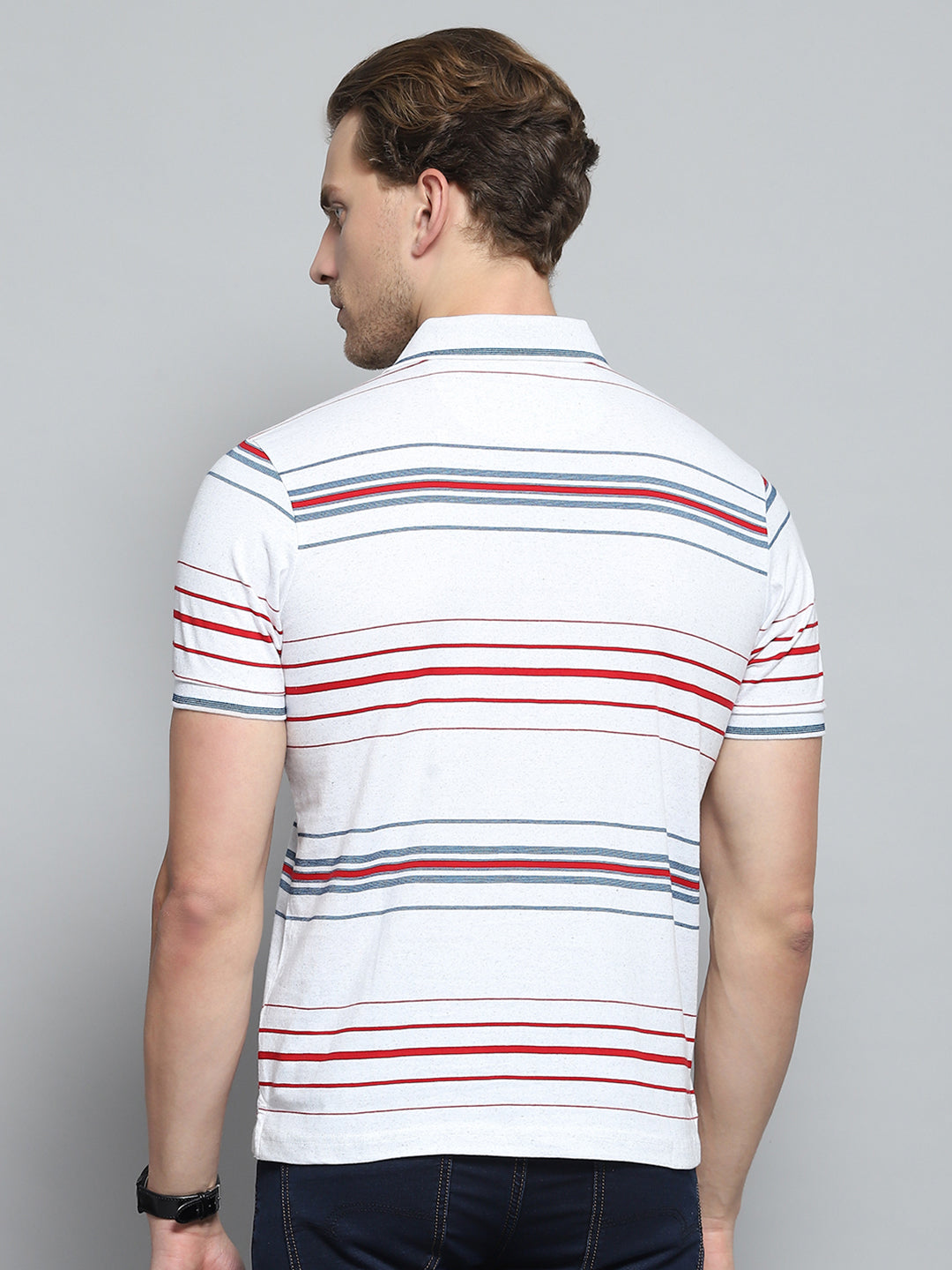 Men White Stripe Collar Half Sleeve T-Shirt