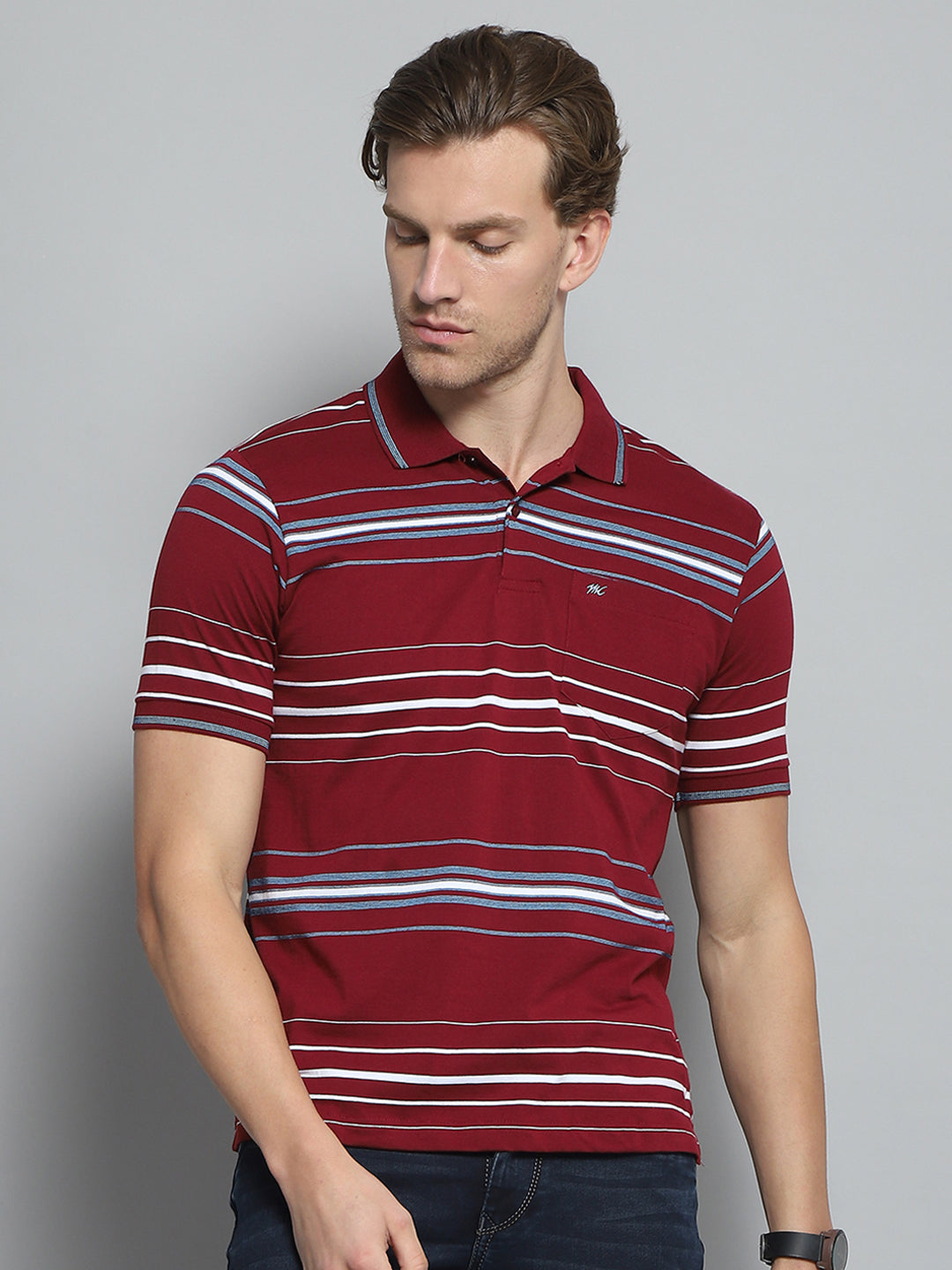 Men Maroon Stripe Collar Half Sleeve T-Shirt