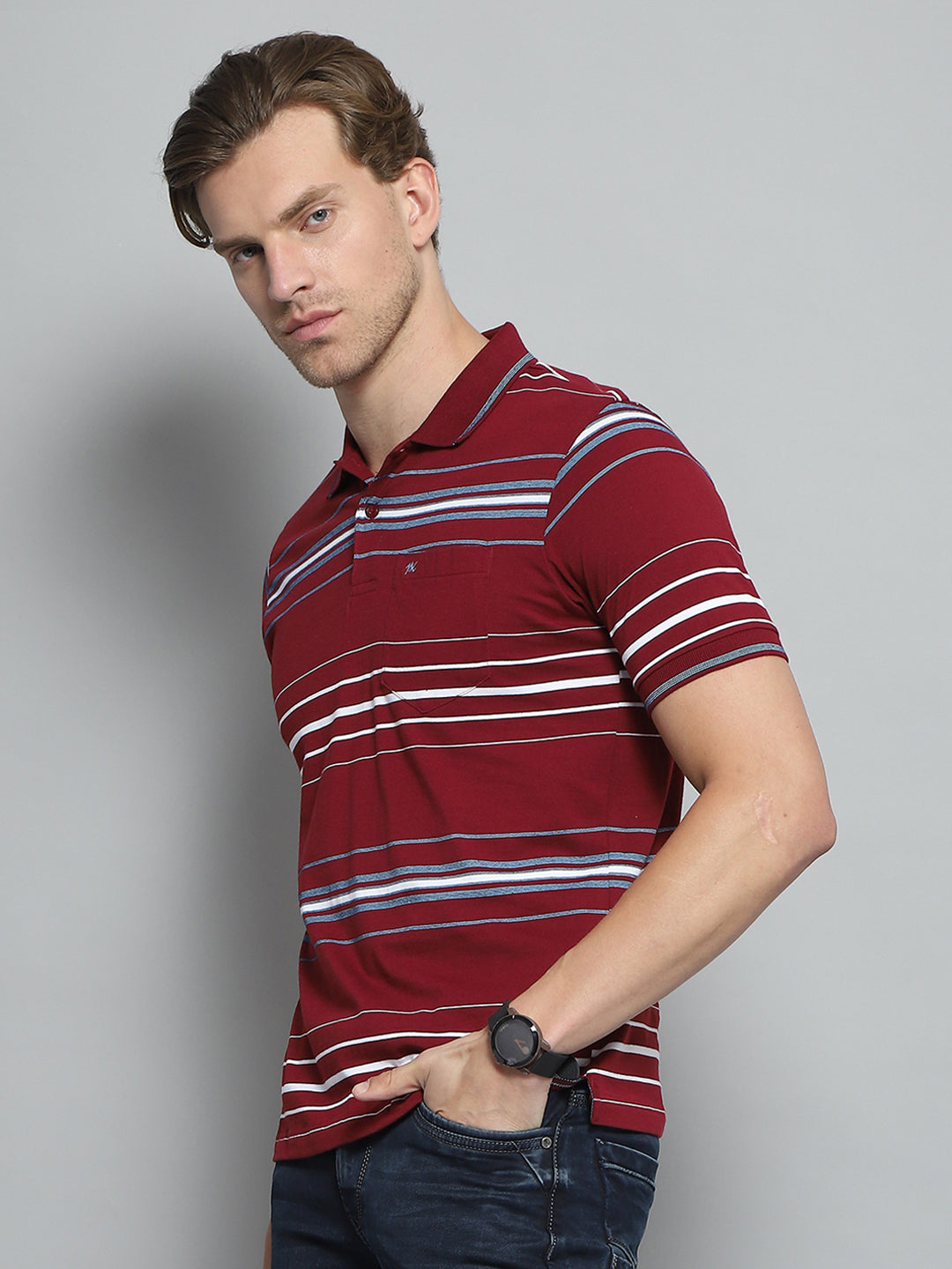 Men Maroon Stripe Collar Half Sleeve T-Shirt
