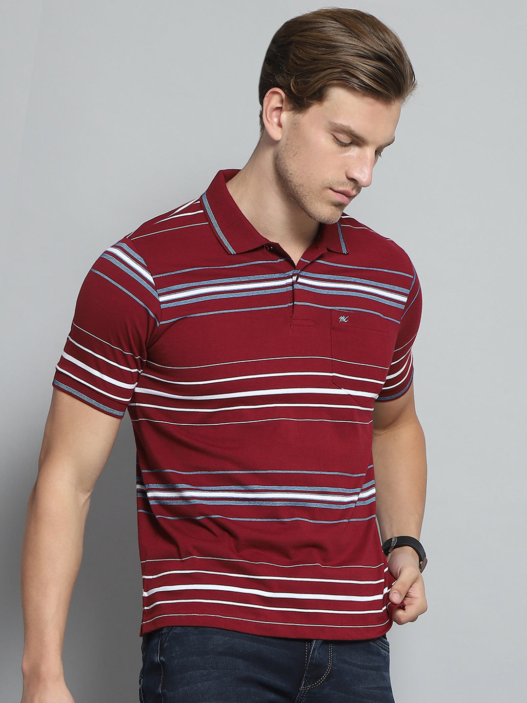Men Maroon Stripe Collar Half Sleeve T-Shirt