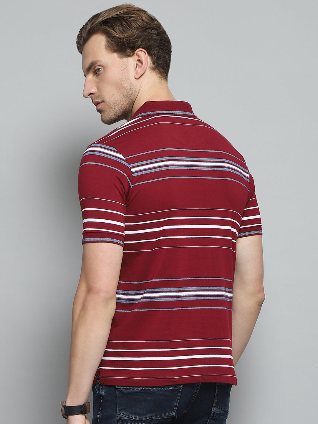 Men Maroon Stripe Collar Half Sleeve T-Shirt