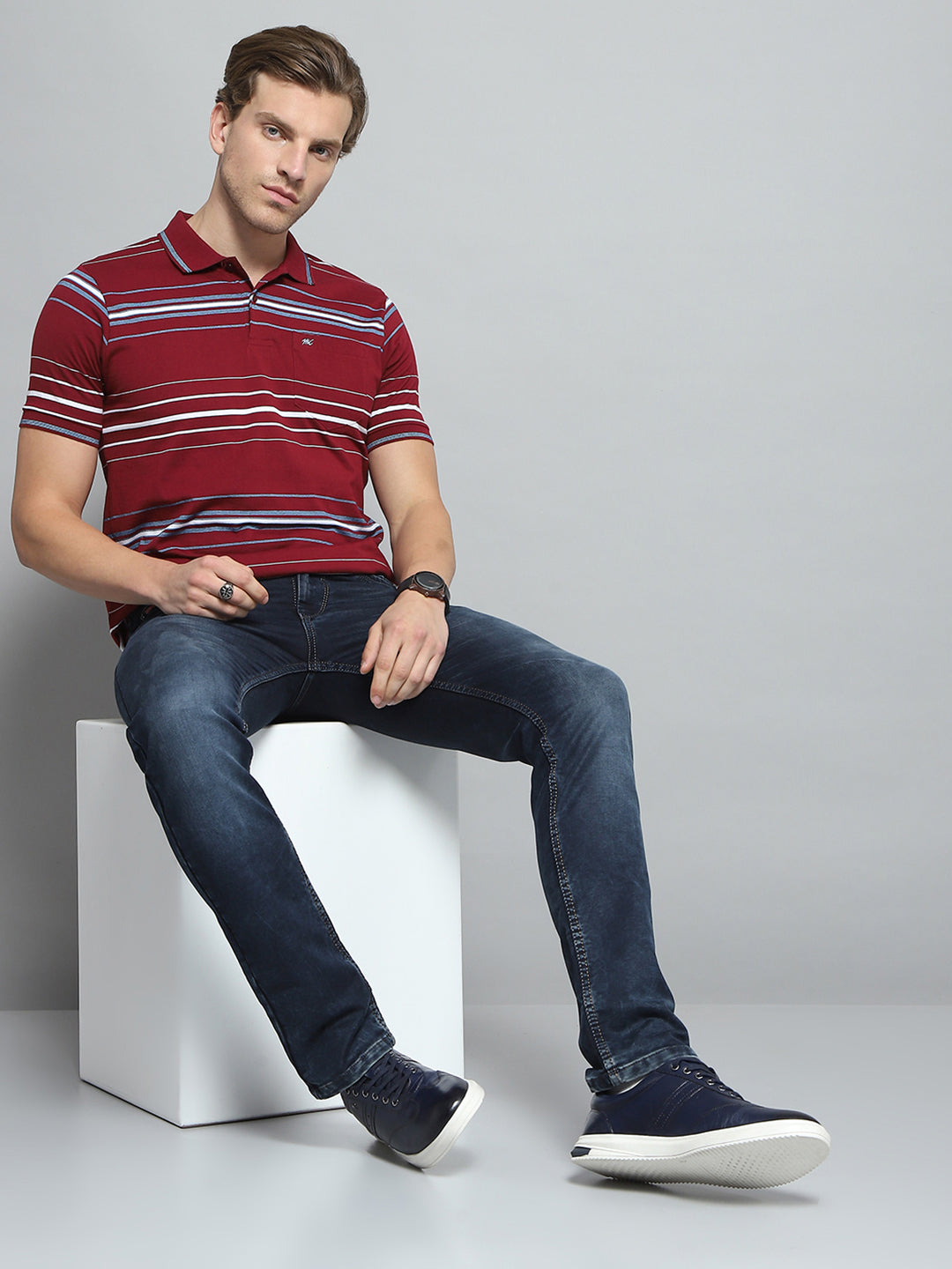 Men Maroon Stripe Collar Half Sleeve T-Shirt