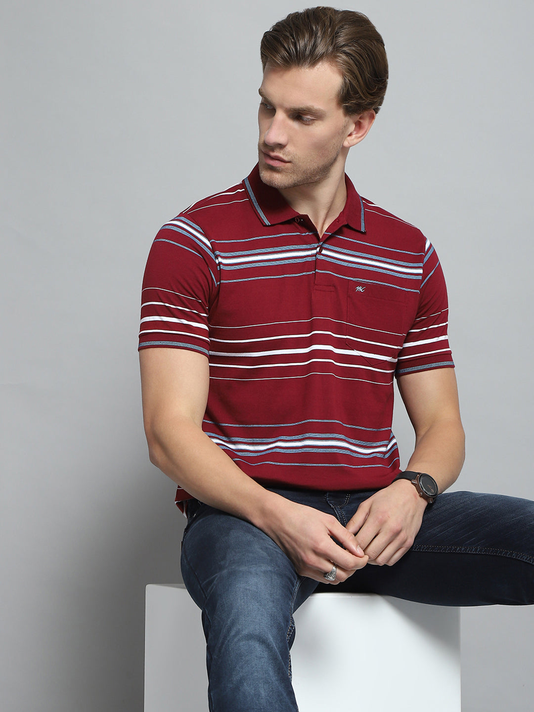 Men Maroon Stripe Collar Half Sleeve T-Shirt