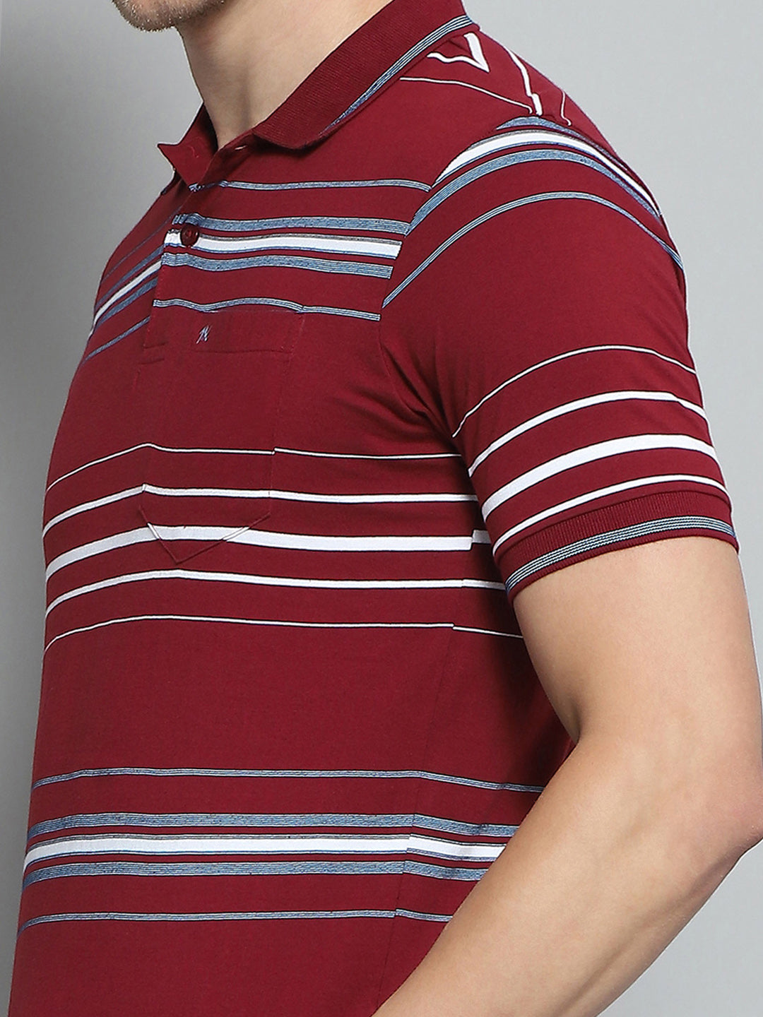 Men Maroon Stripe Collar Half Sleeve T-Shirt