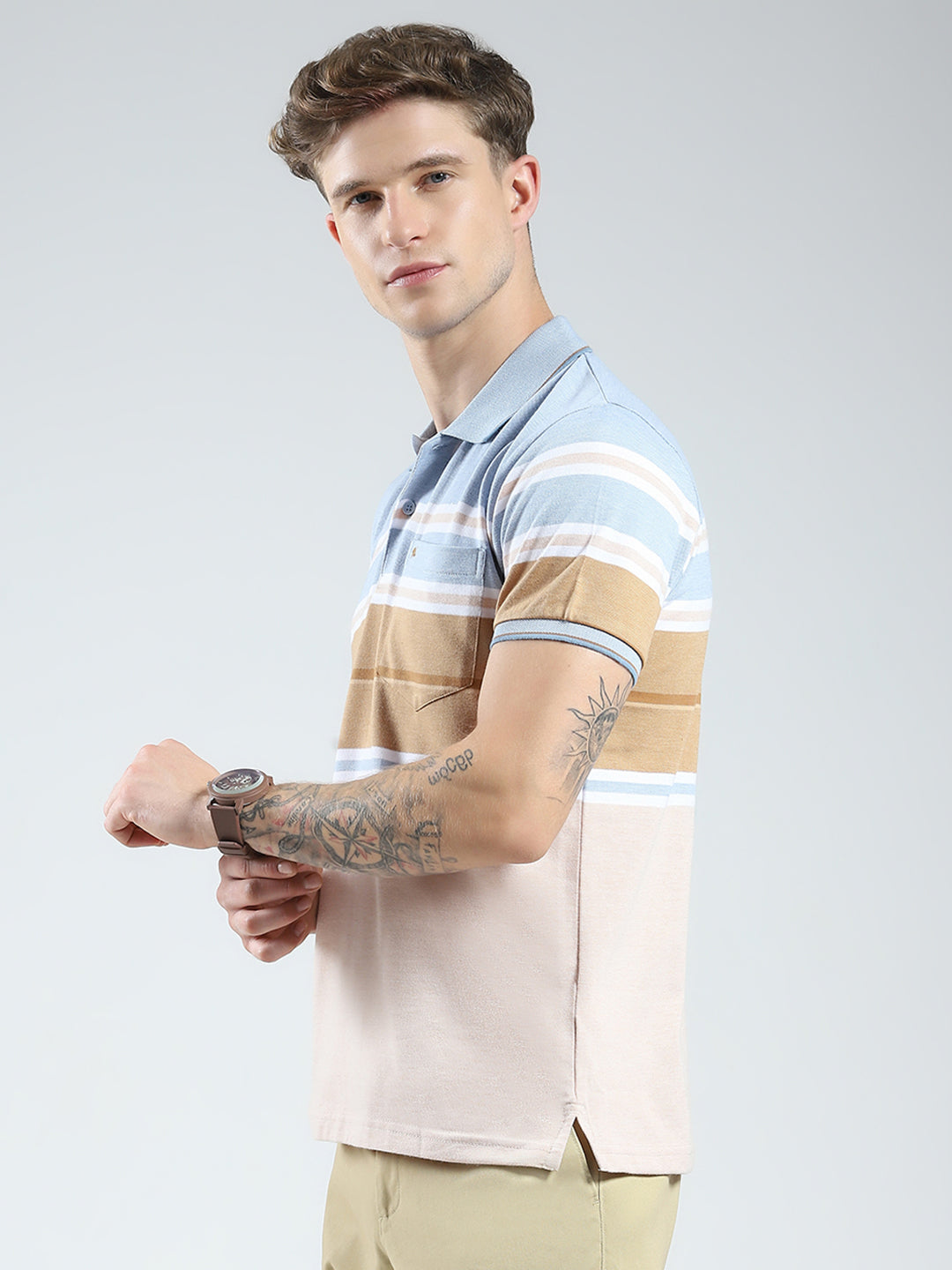 Men Blue Stripe Collar Half Sleeve T-Shirt