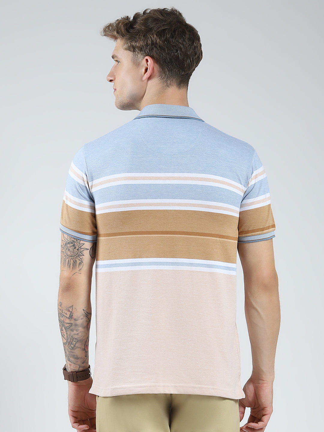Men Blue Stripe Collar Half Sleeve T-Shirt