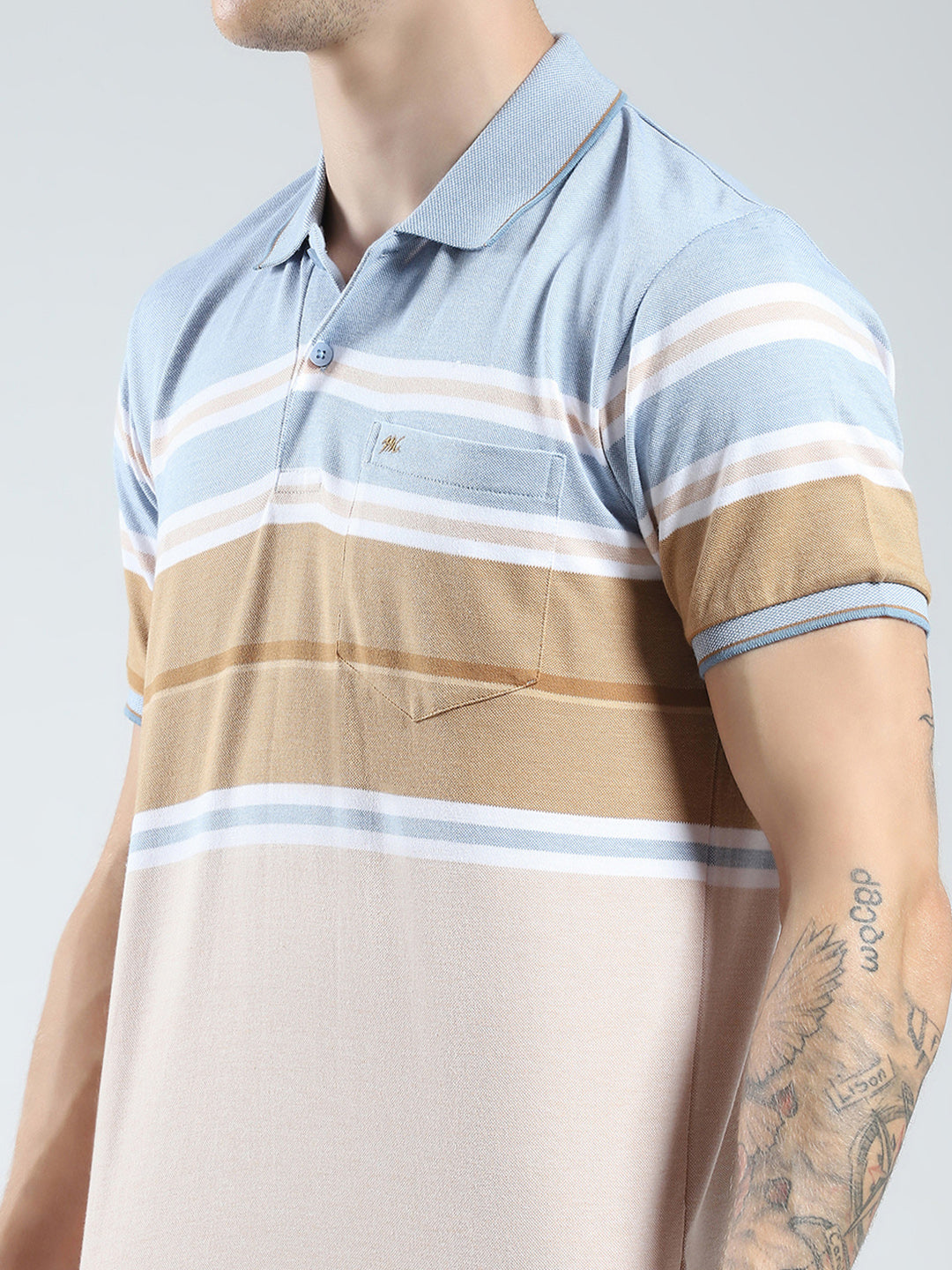 Men Blue Stripe Collar Half Sleeve T-Shirt