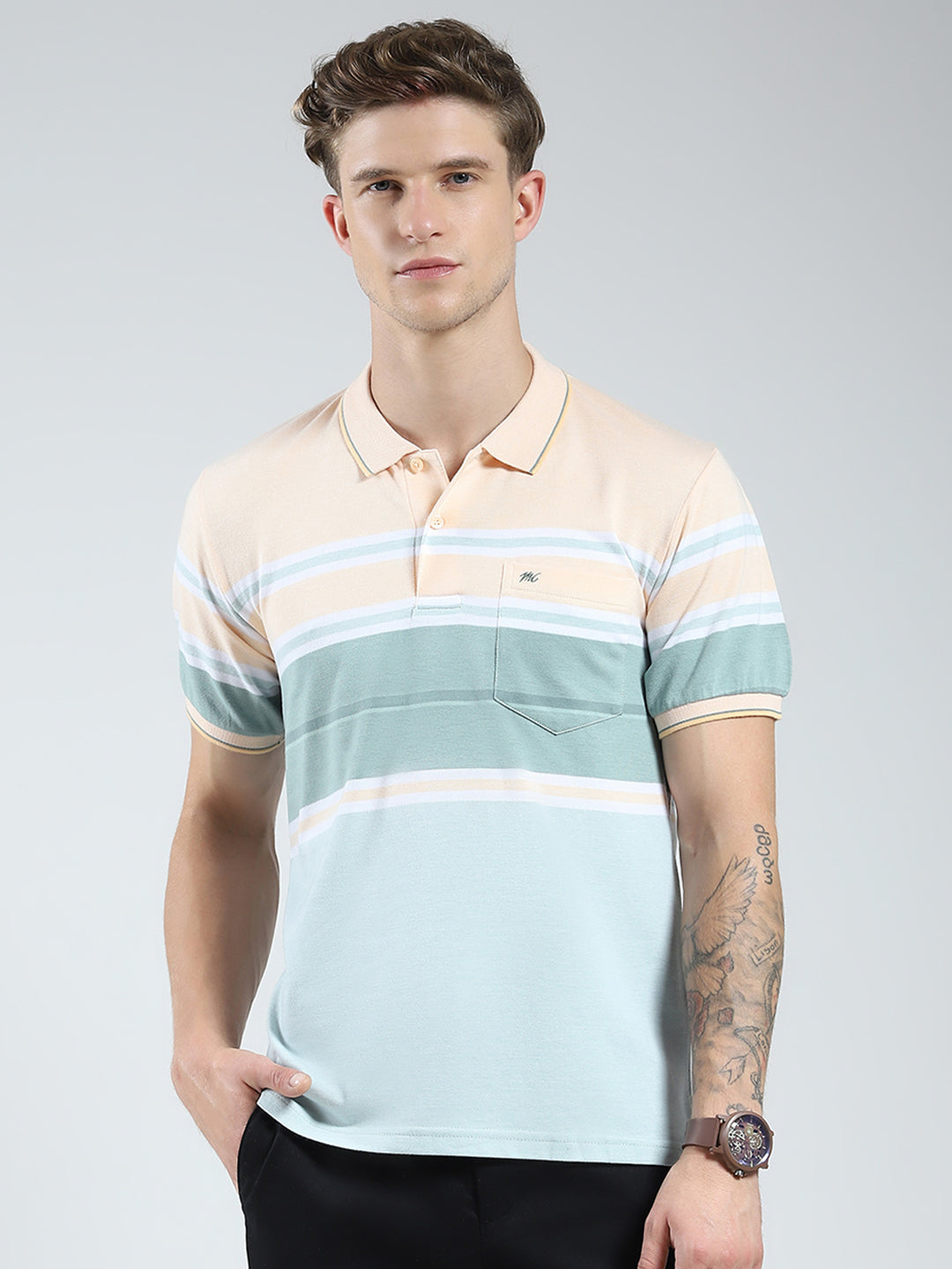 Men Peach Stripe Collar Half Sleeve T-Shirt