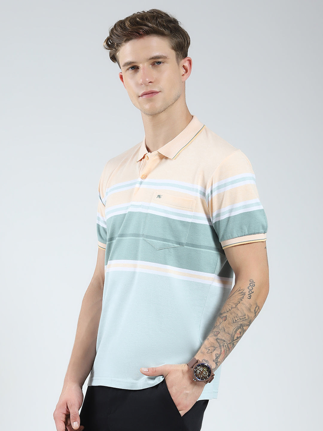 Men Peach Stripe Collar Half Sleeve T-Shirt