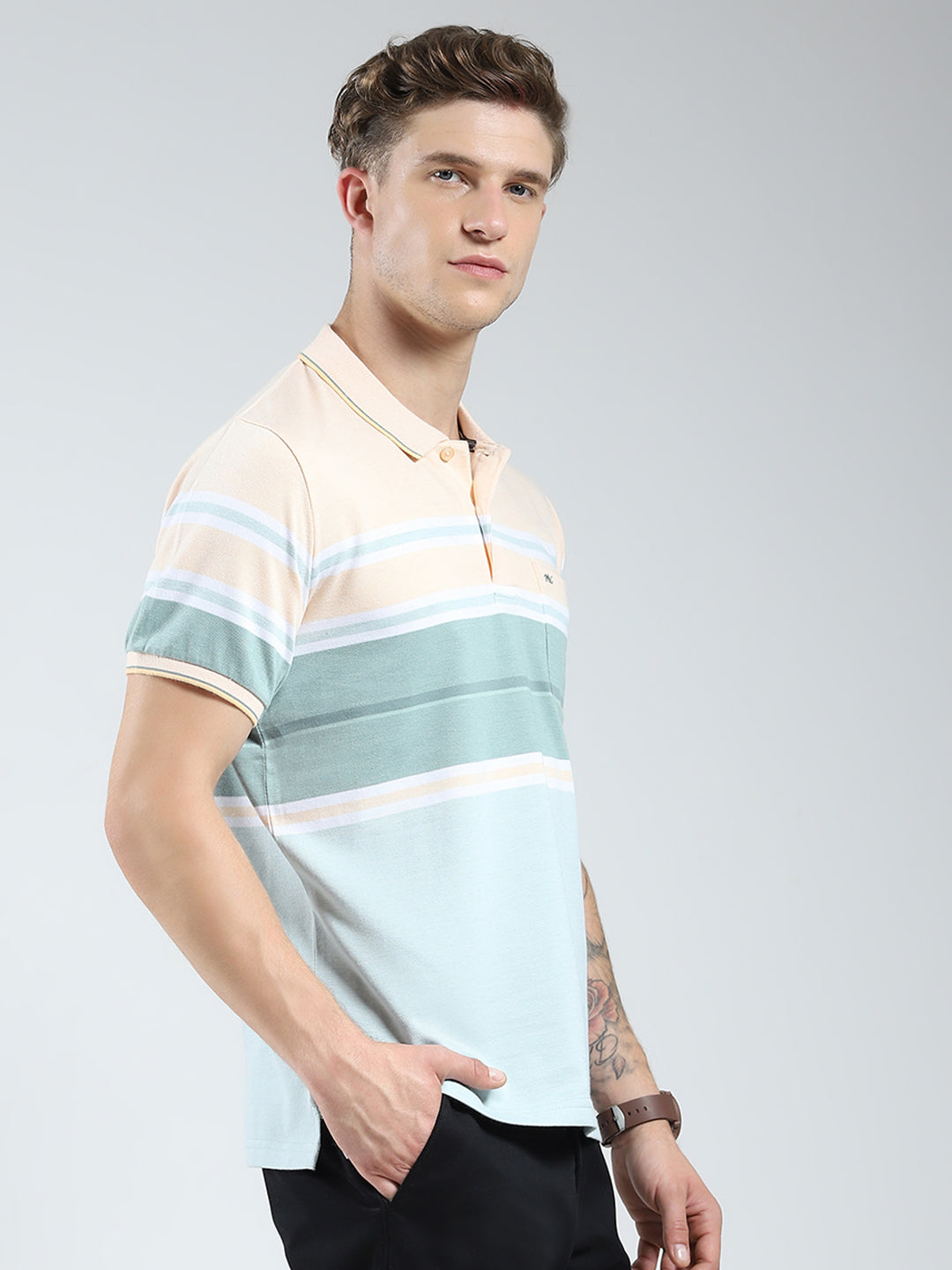 Men Peach Stripe Collar Half Sleeve T-Shirt