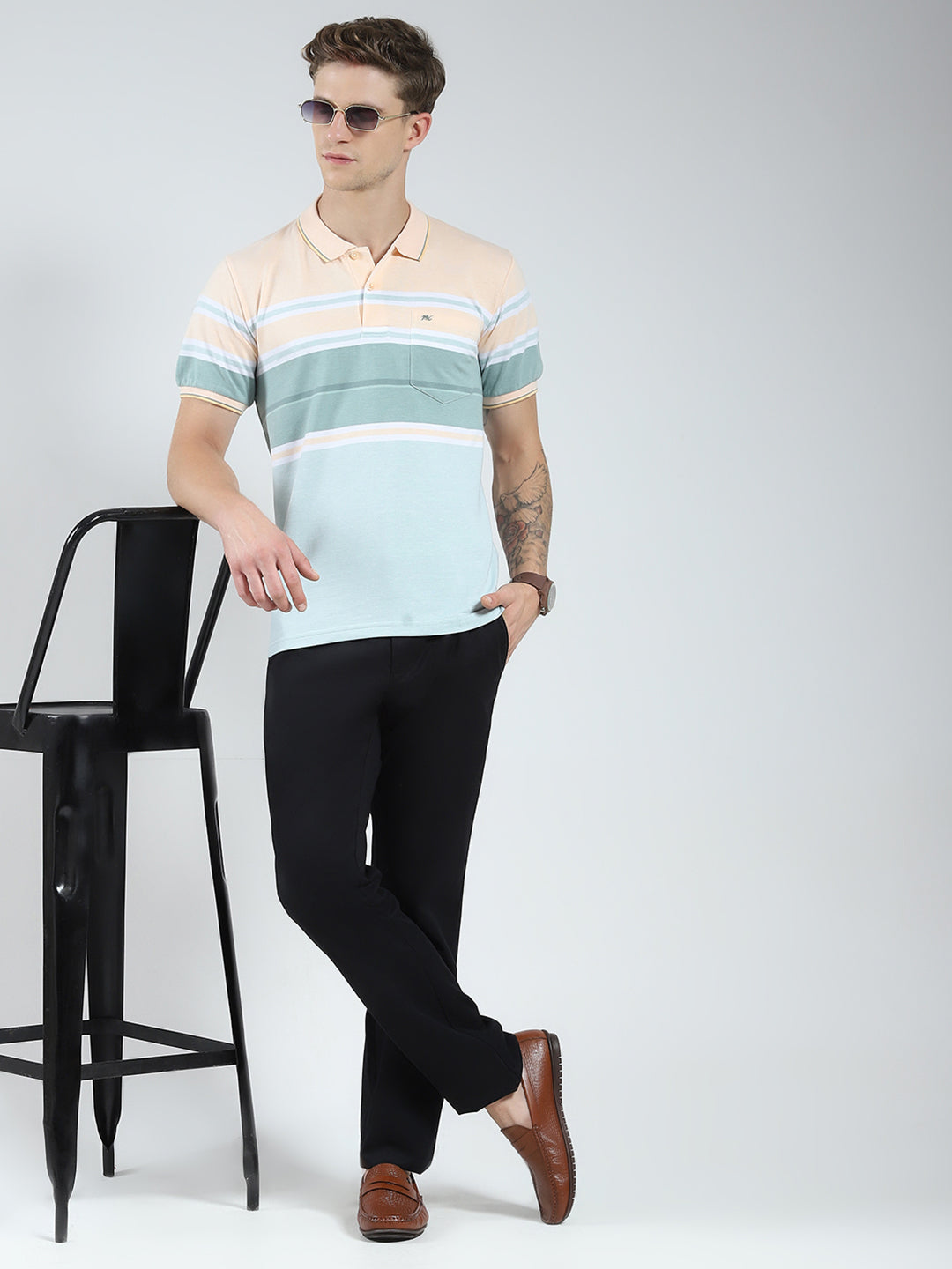 Men Peach Stripe Collar Half Sleeve T-Shirt
