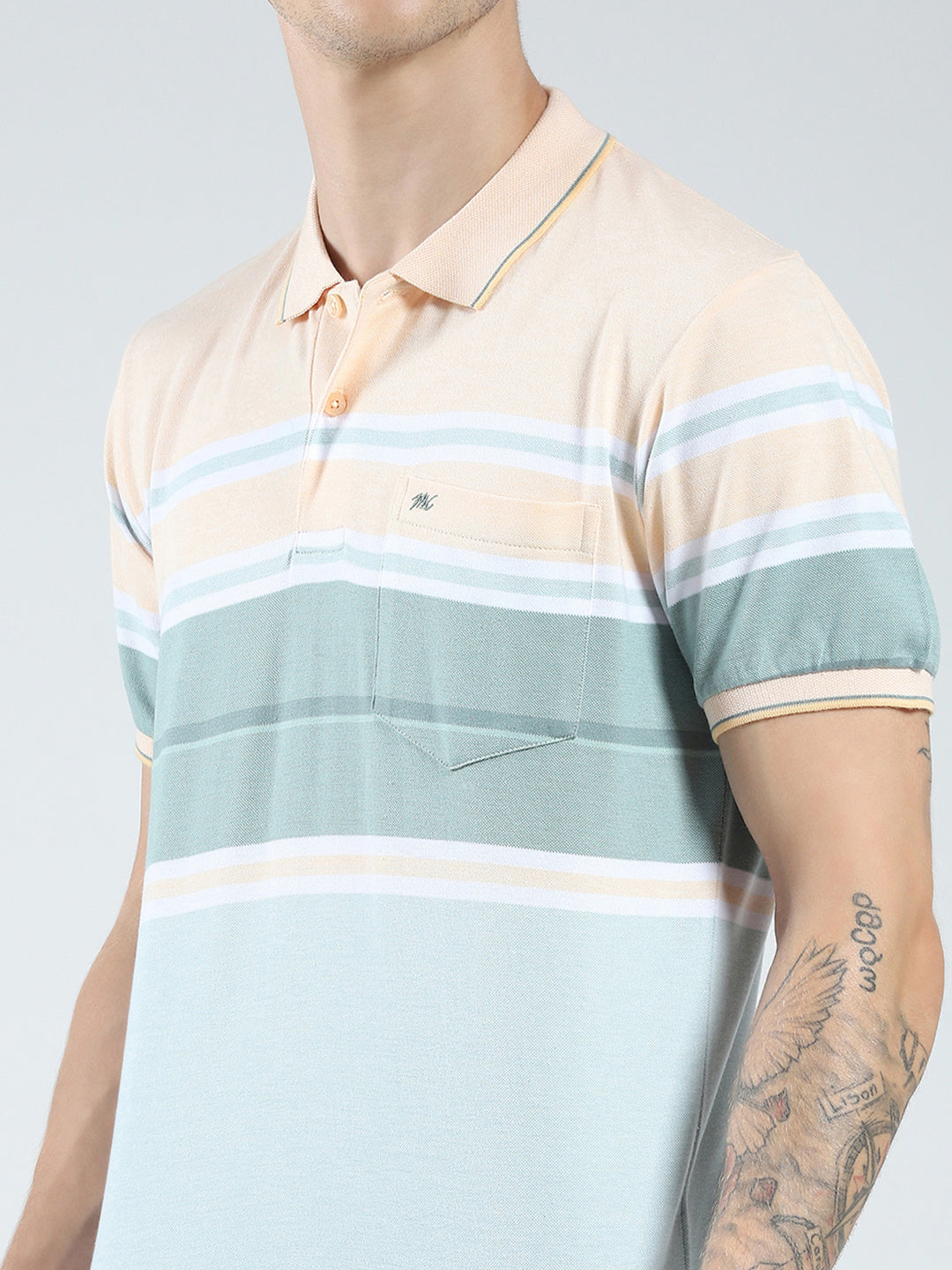 Men Peach Stripe Collar Half Sleeve T-Shirt