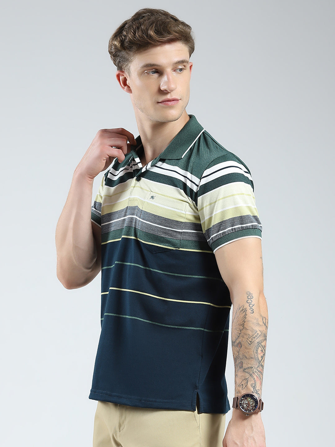 Men Green Stripe Collar Half Sleeve T-Shirt