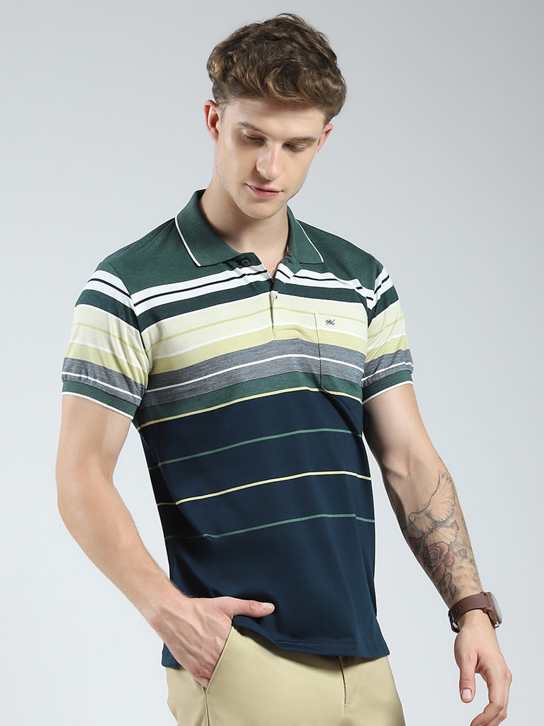 Men Green Stripe Collar Half Sleeve T-Shirt