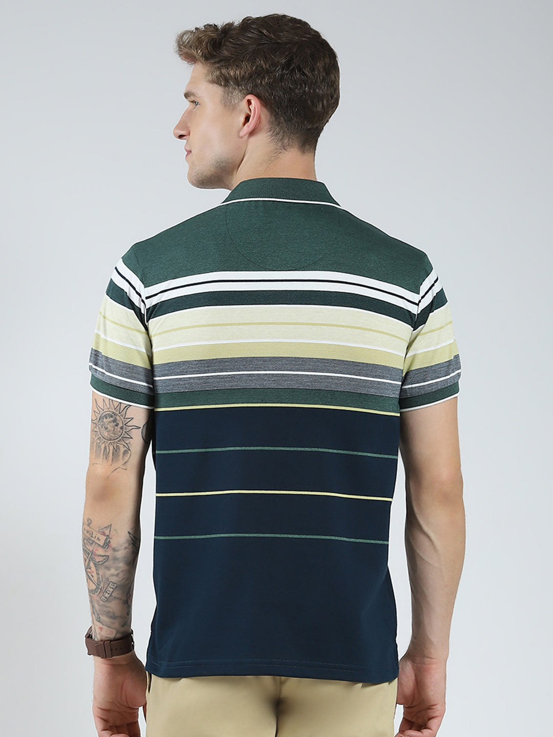 Men Green Stripe Collar Half Sleeve T-Shirt