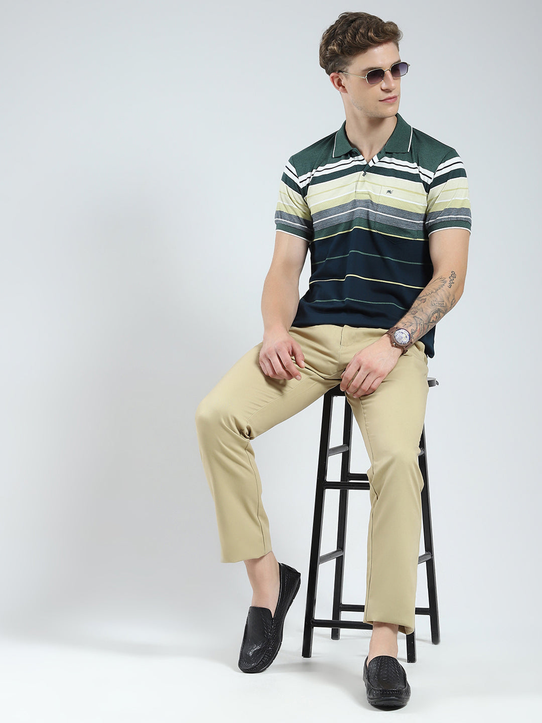 Men Green Stripe Collar Half Sleeve T-Shirt