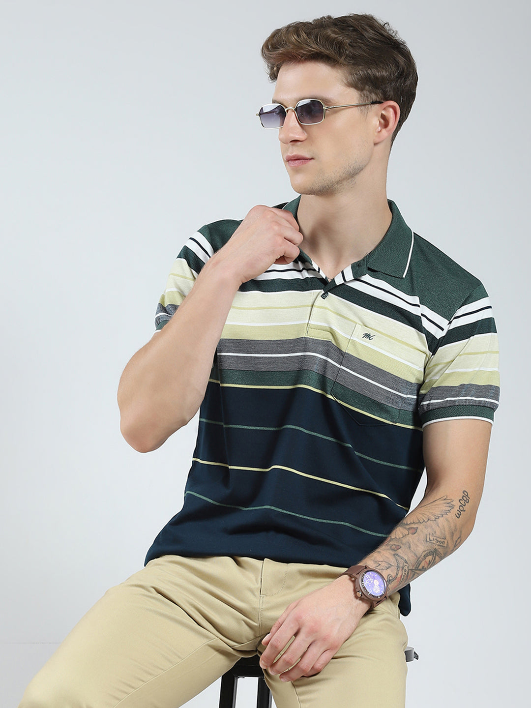 Men Green Stripe Collar Half Sleeve T-Shirt