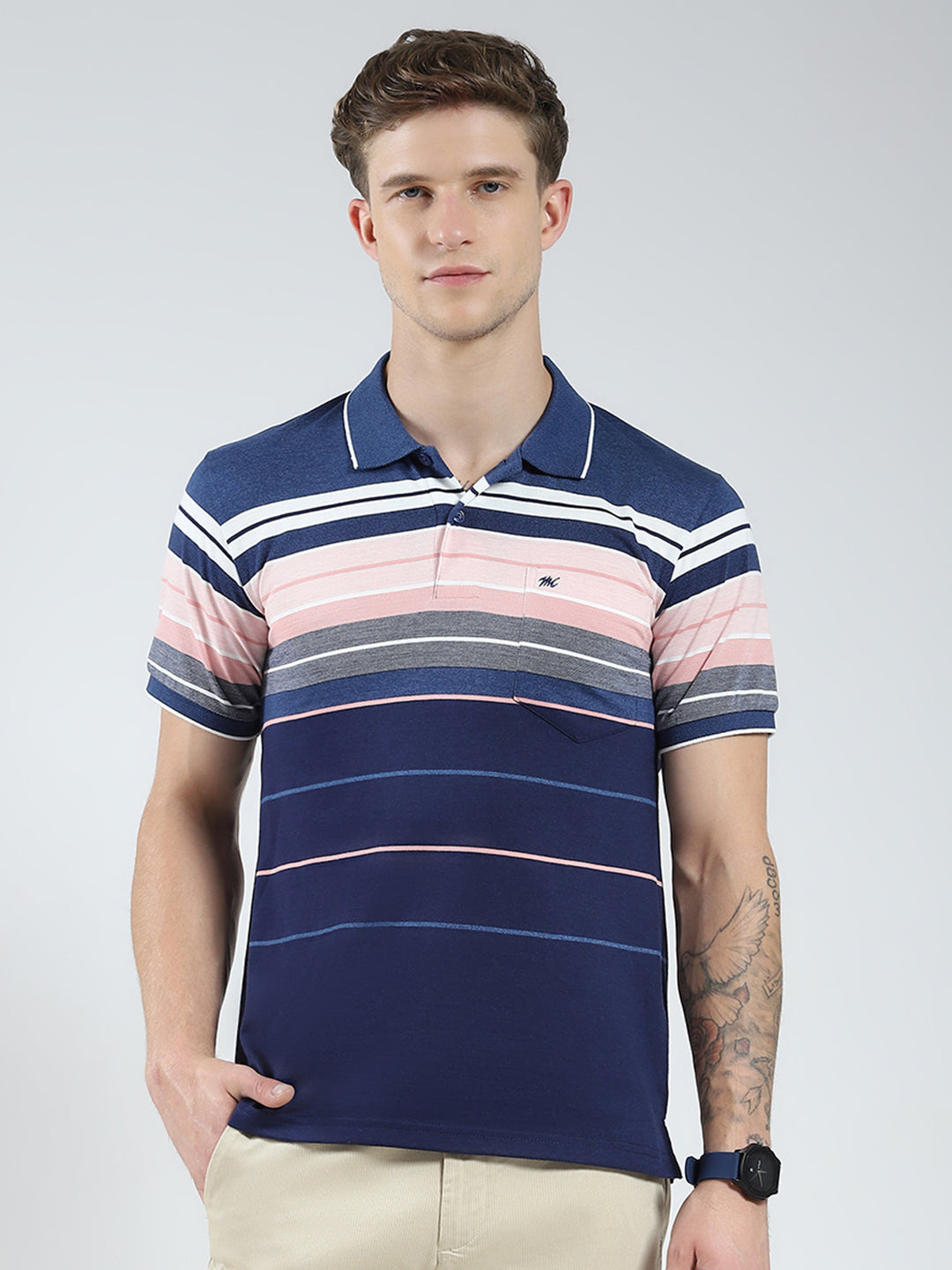 Men Blue Stripe Collar Half Sleeve T-Shirt