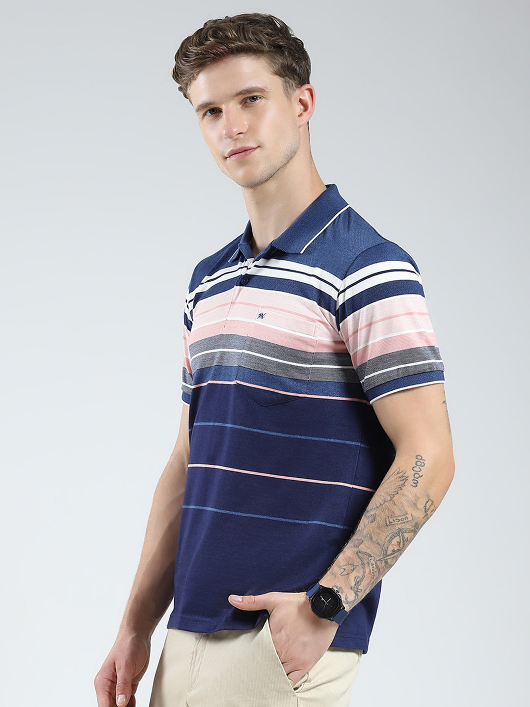 Men Blue Stripe Collar Half Sleeve T-Shirt