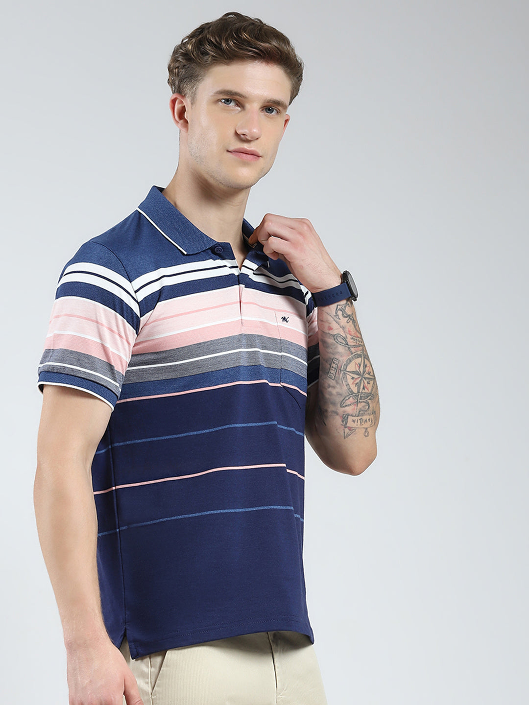 Men Blue Stripe Collar Half Sleeve T-Shirt