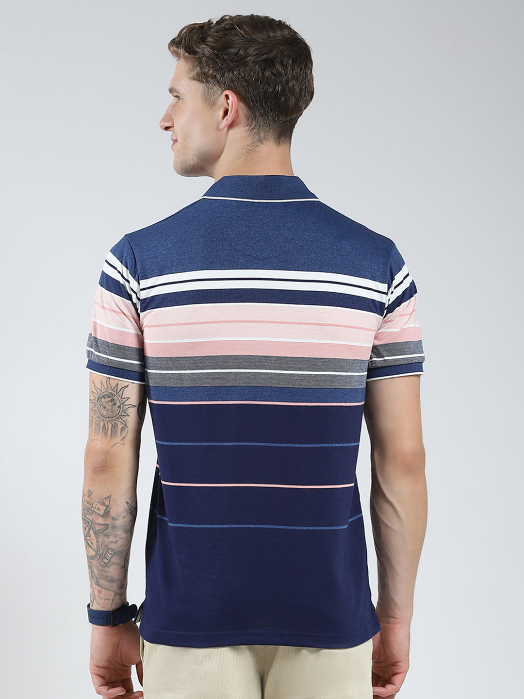 Men Blue Stripe Collar Half Sleeve T-Shirt