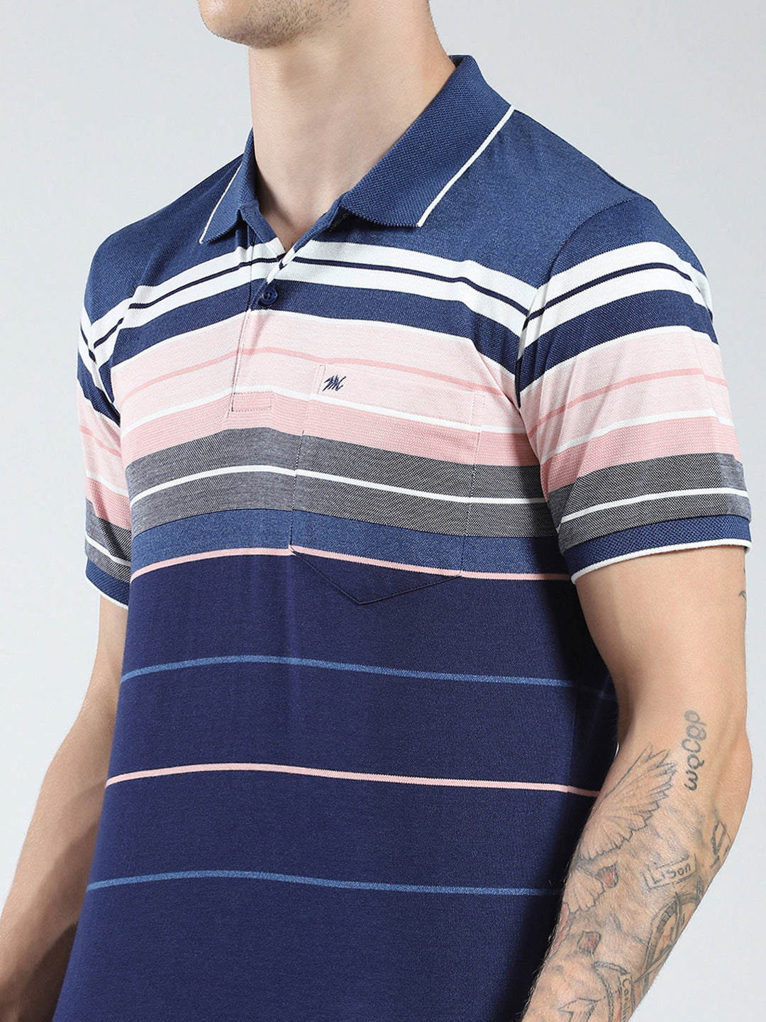 Men Blue Stripe Collar Half Sleeve T-Shirt