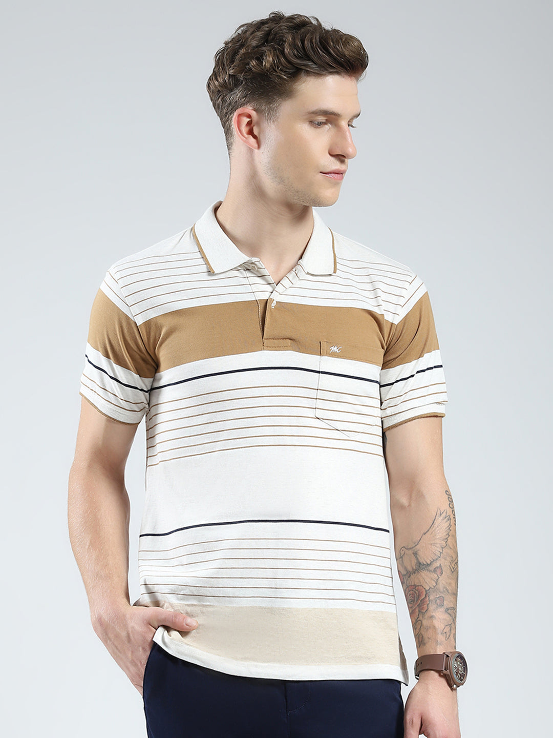 Men Camel Brown Stripe Collar Half Sleeve T-Shirt