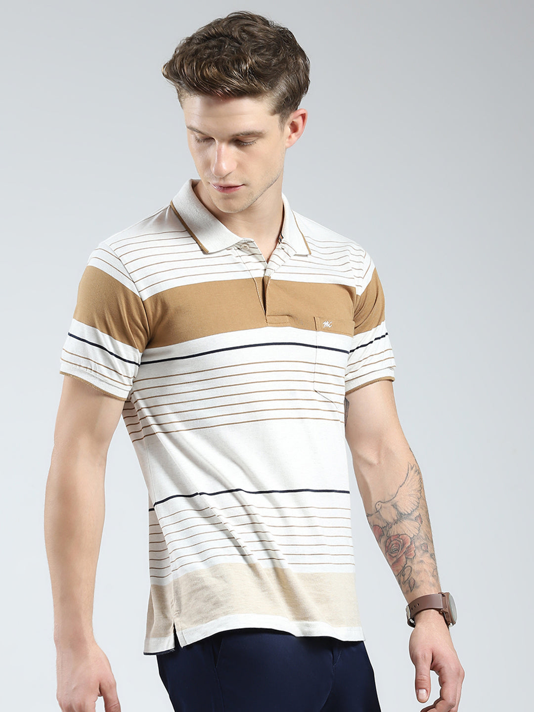 Men Camel Brown Stripe Collar Half Sleeve T-Shirt
