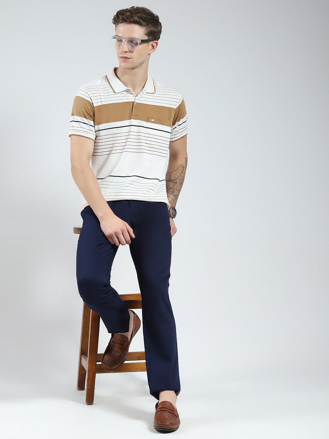 Men Camel Brown Stripe Collar Half Sleeve T-Shirt