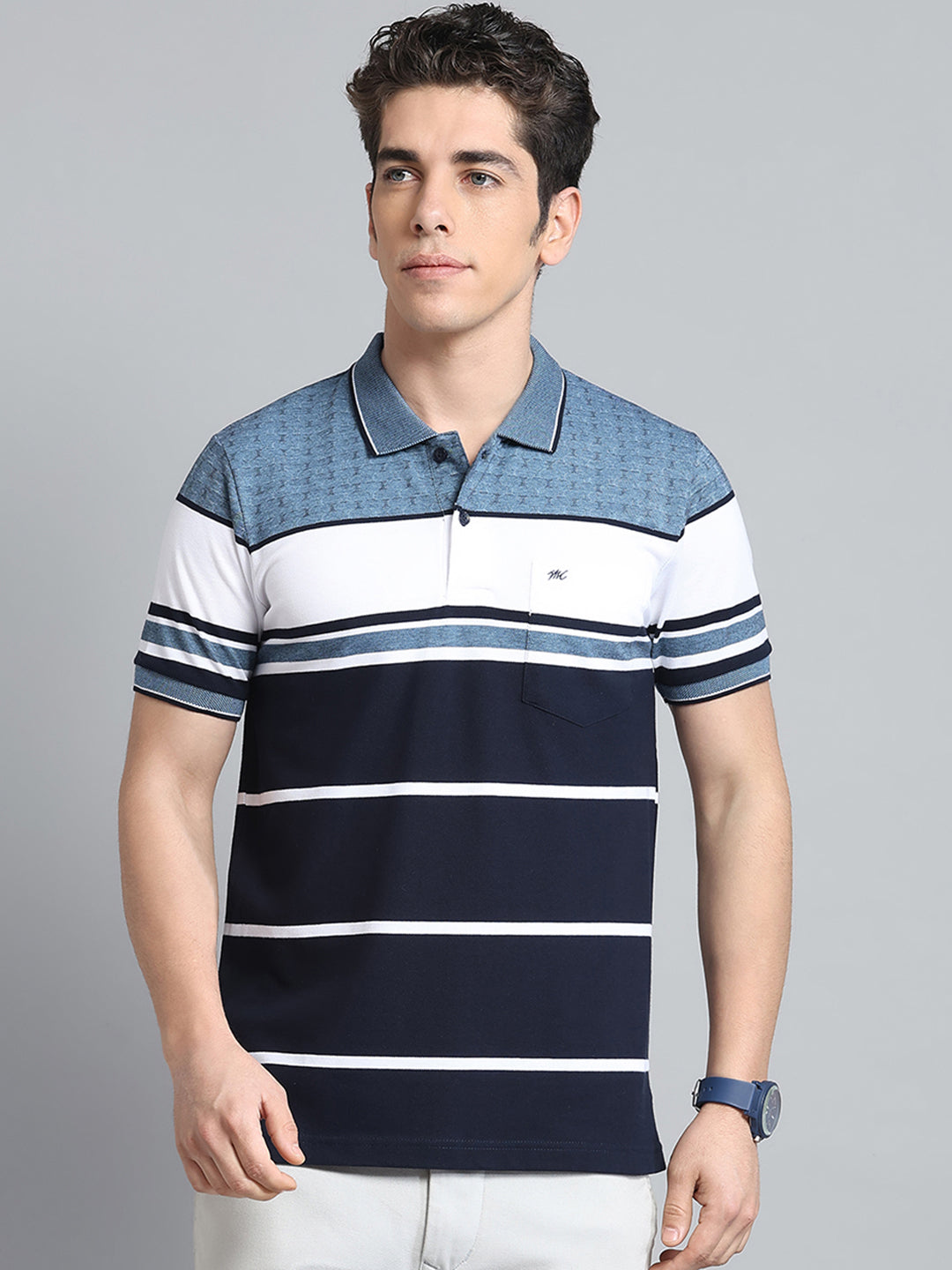 Men Navy Blue Stripe Collar Half Sleeve T-Shirt