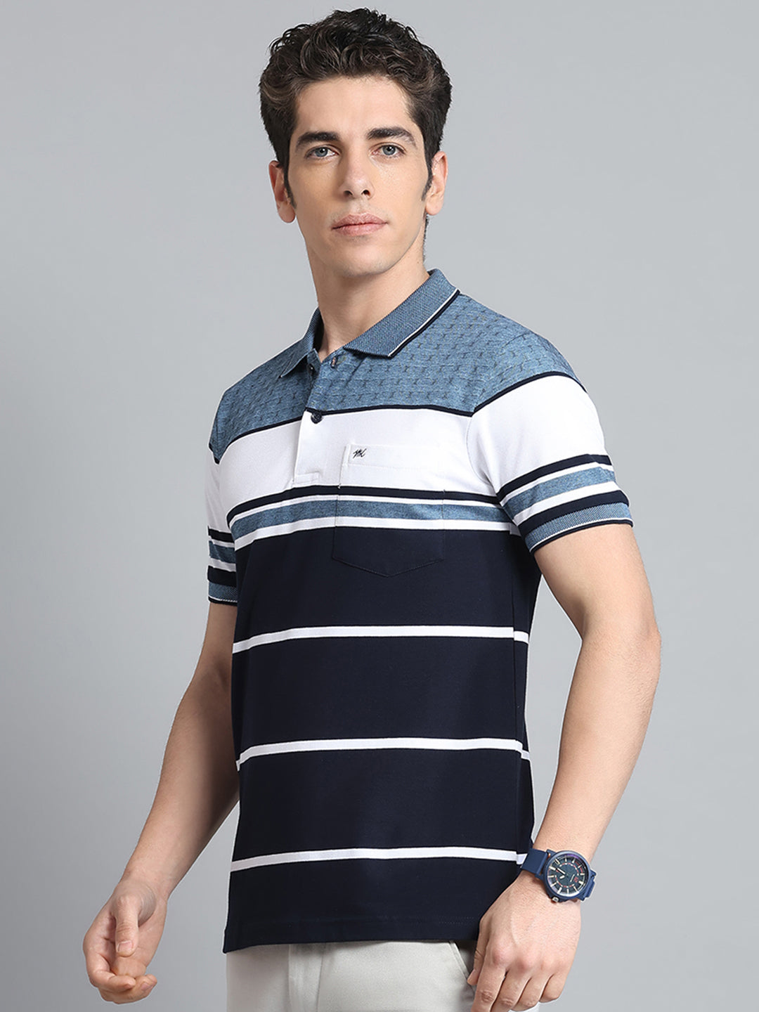Men Navy Blue Stripe Collar Half Sleeve T-Shirt