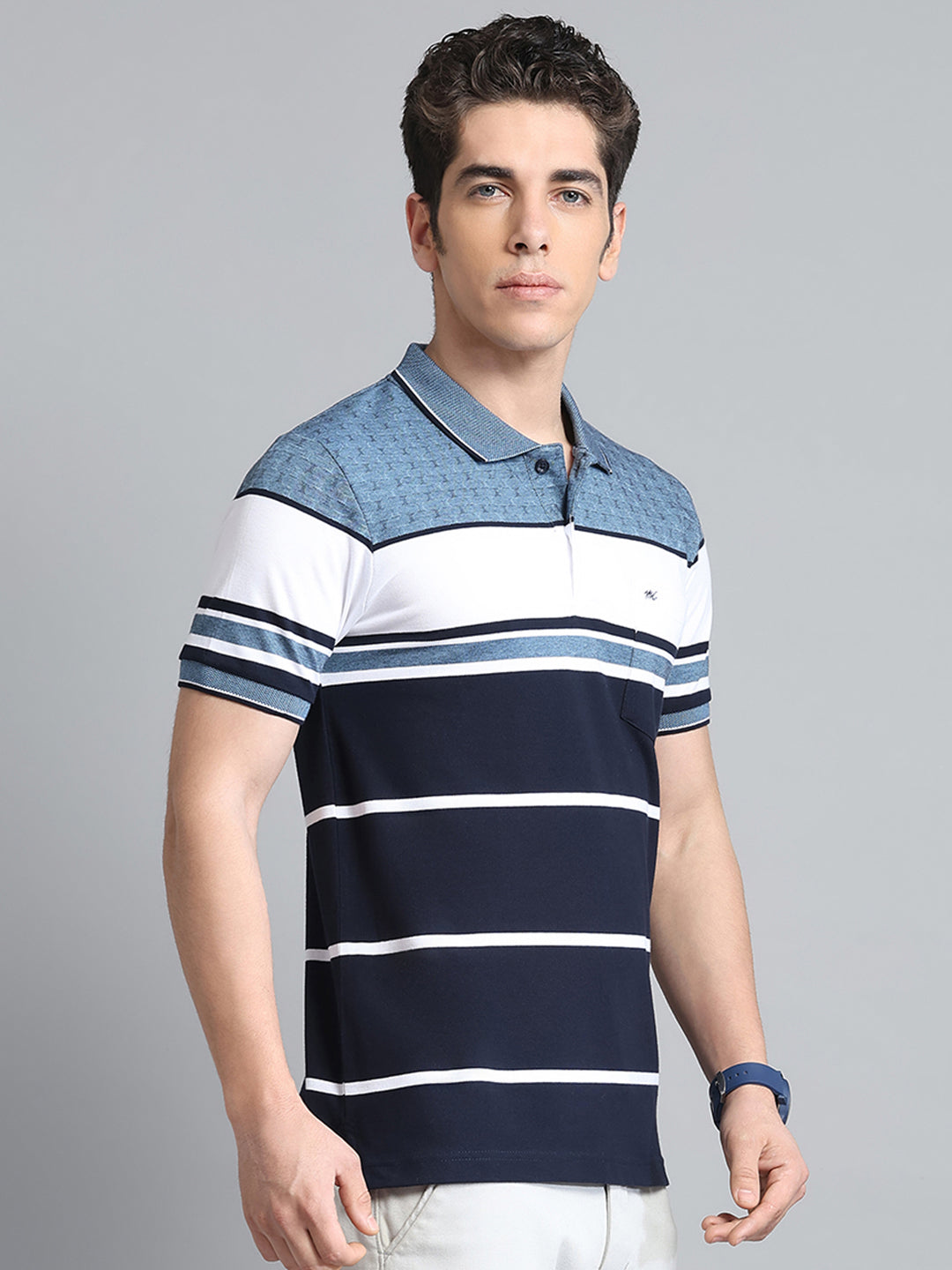 Men Navy Blue Stripe Collar Half Sleeve T-Shirt