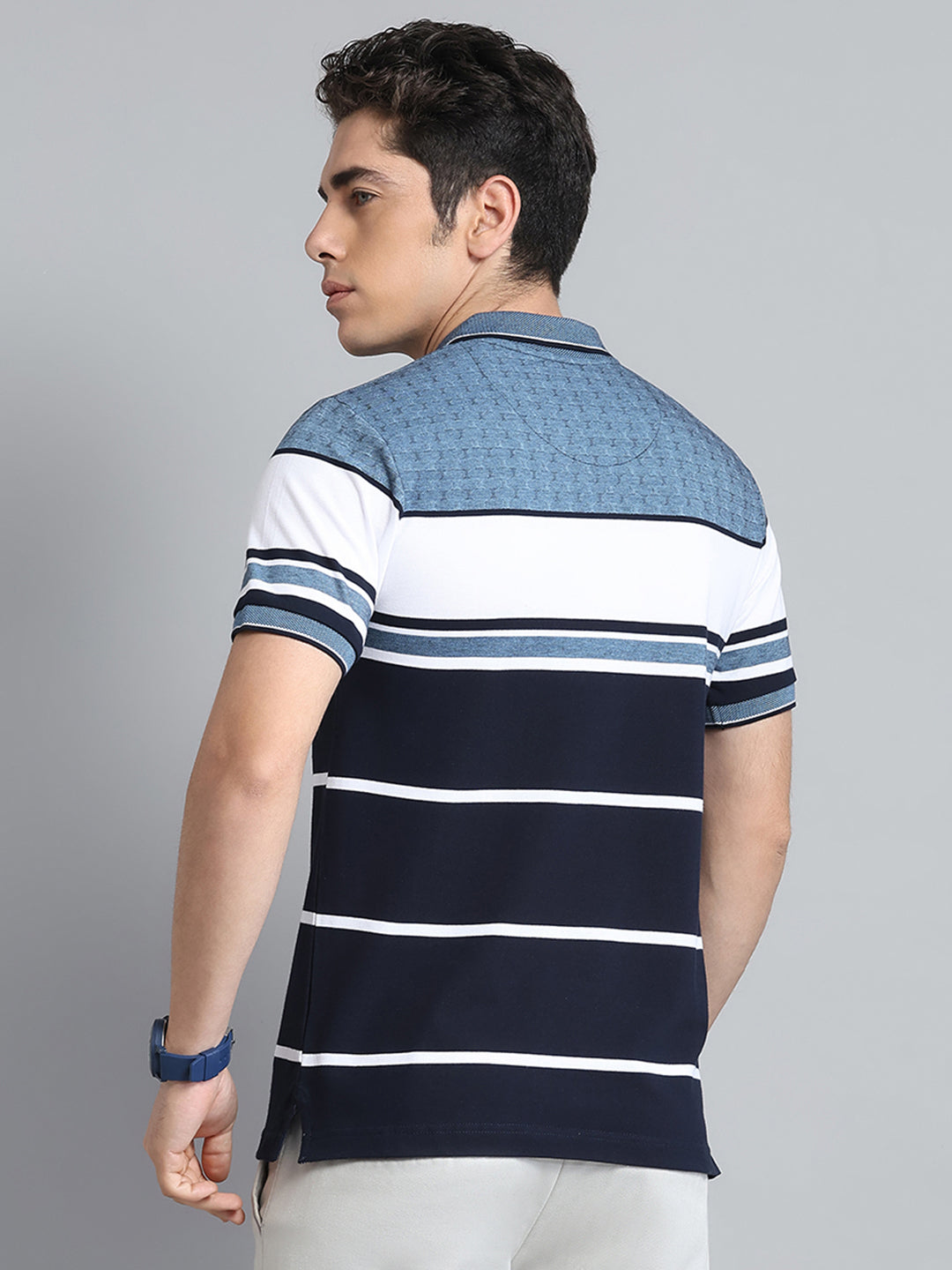 Men Navy Blue Stripe Collar Half Sleeve T-Shirt
