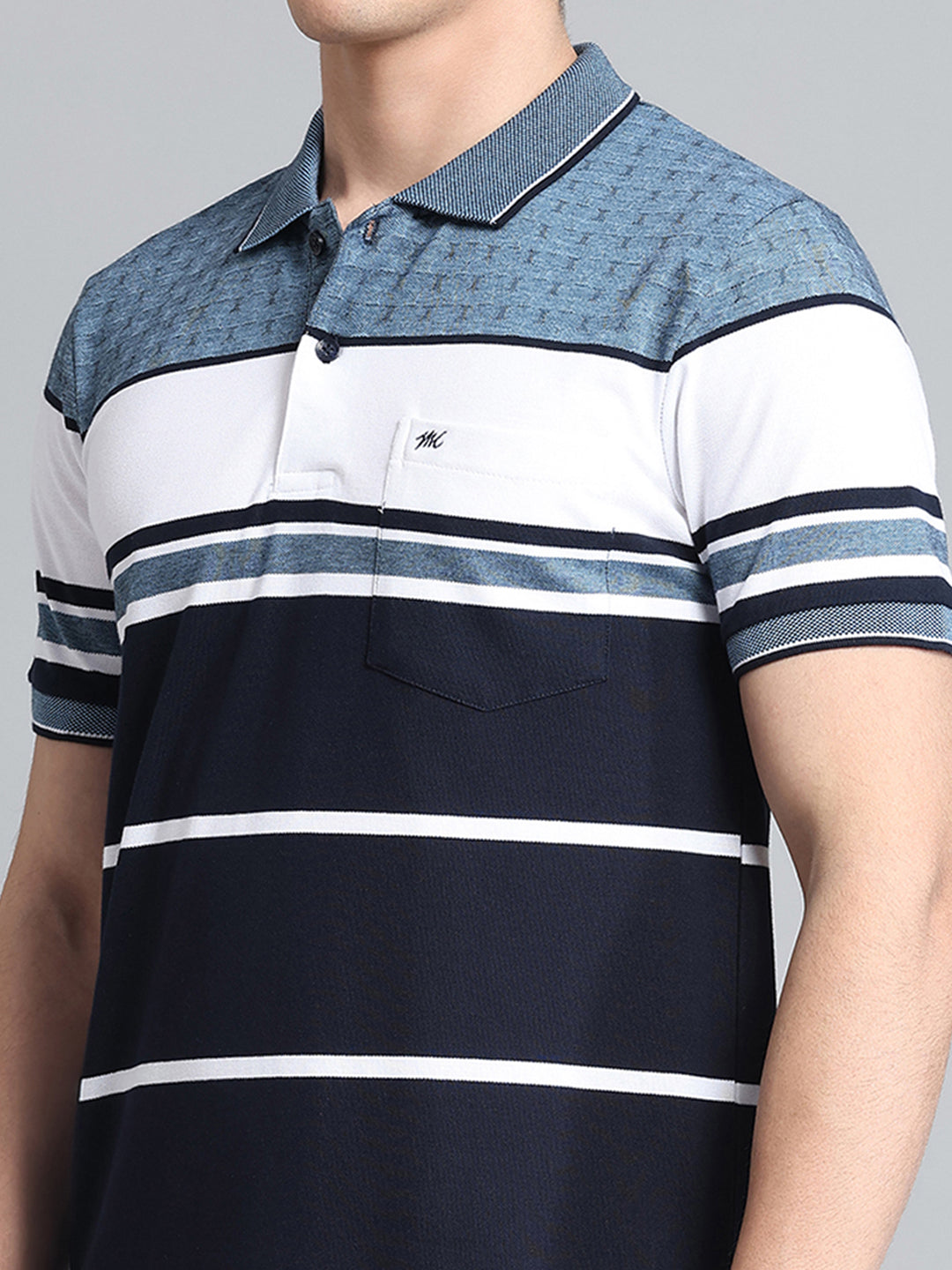 Men Navy Blue Stripe Collar Half Sleeve T-Shirt