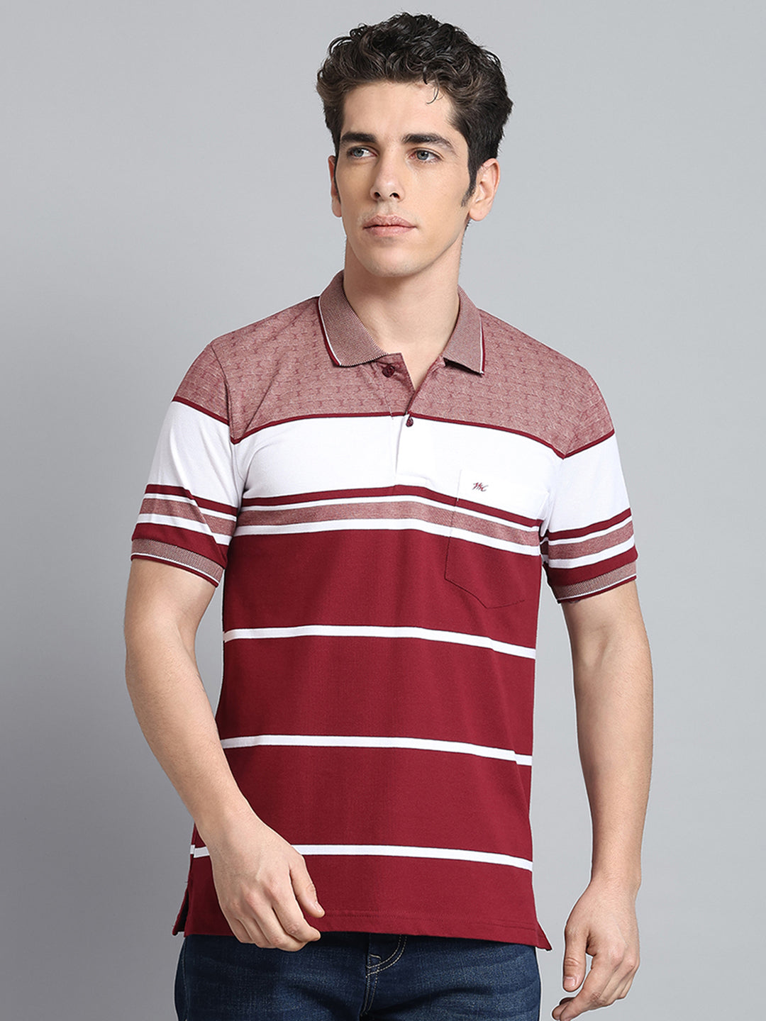 Men Maroon Stripe Collar Half Sleeve T-Shirt