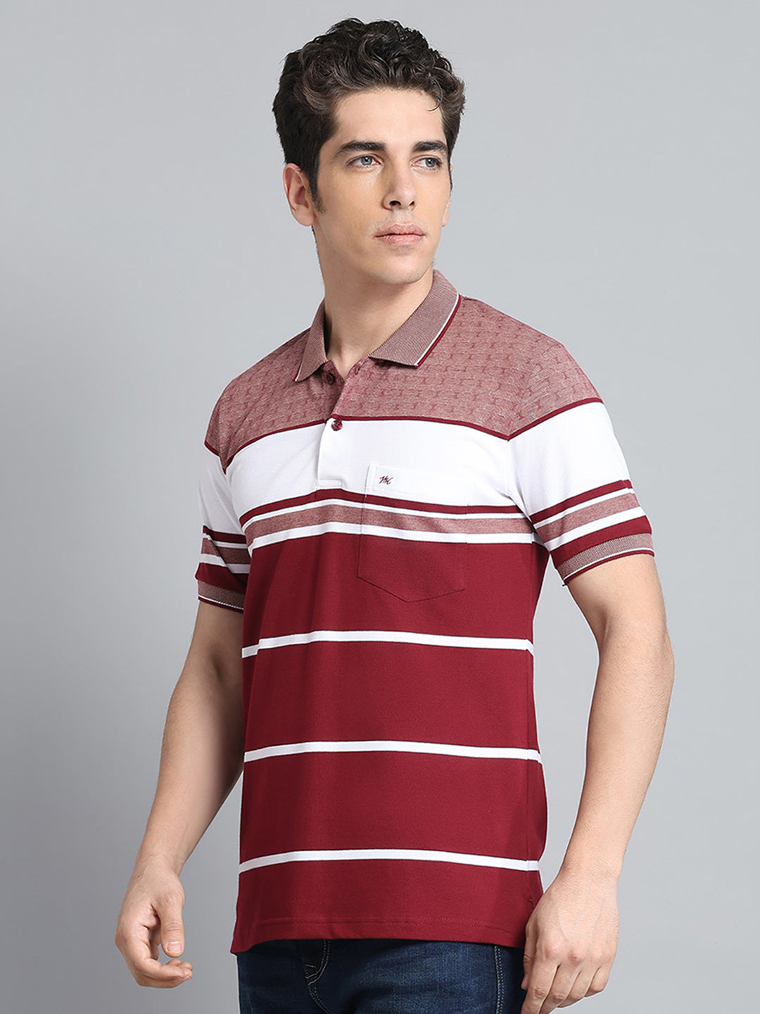 Men Maroon Stripe Collar Half Sleeve T-Shirt