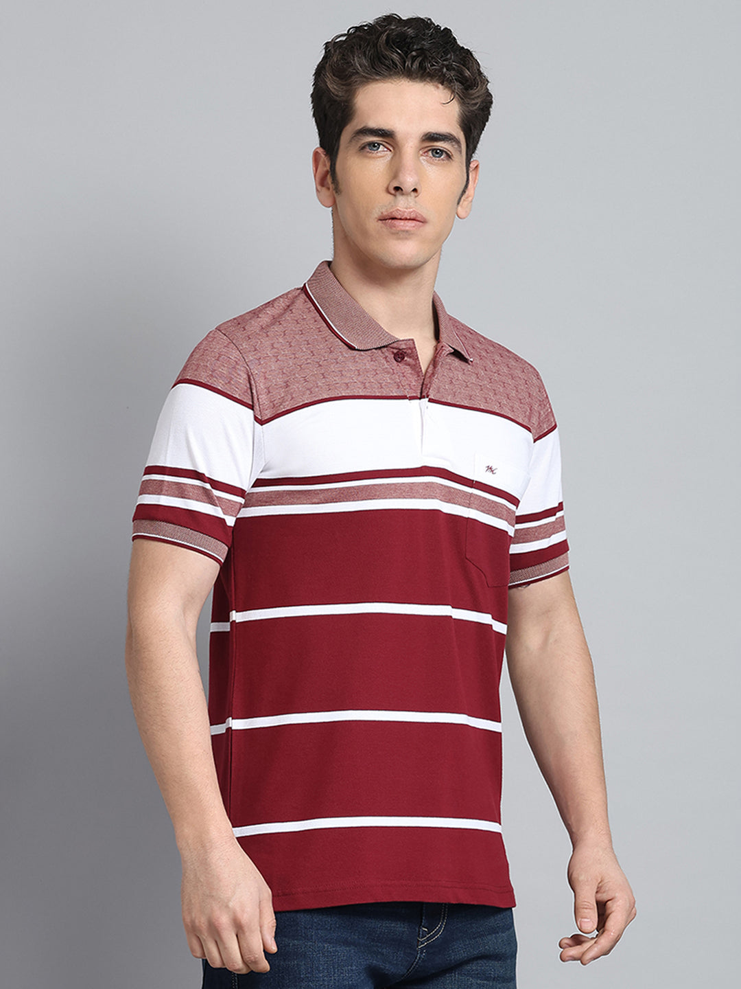 Men Maroon Stripe Collar Half Sleeve T-Shirt
