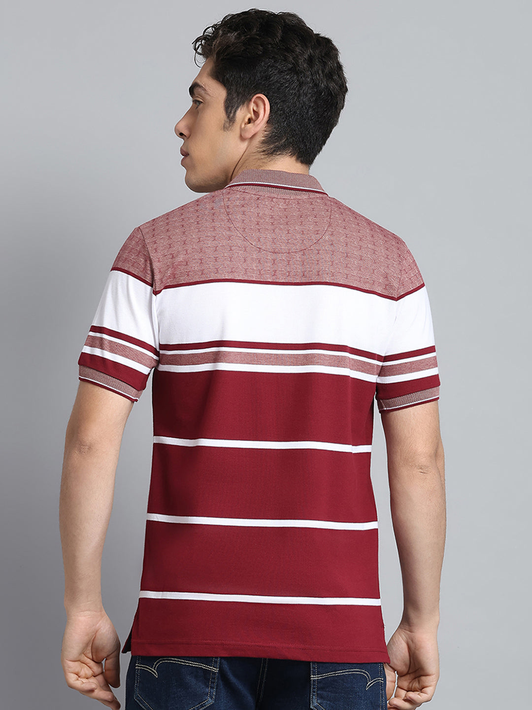 Men Maroon Stripe Collar Half Sleeve T-Shirt