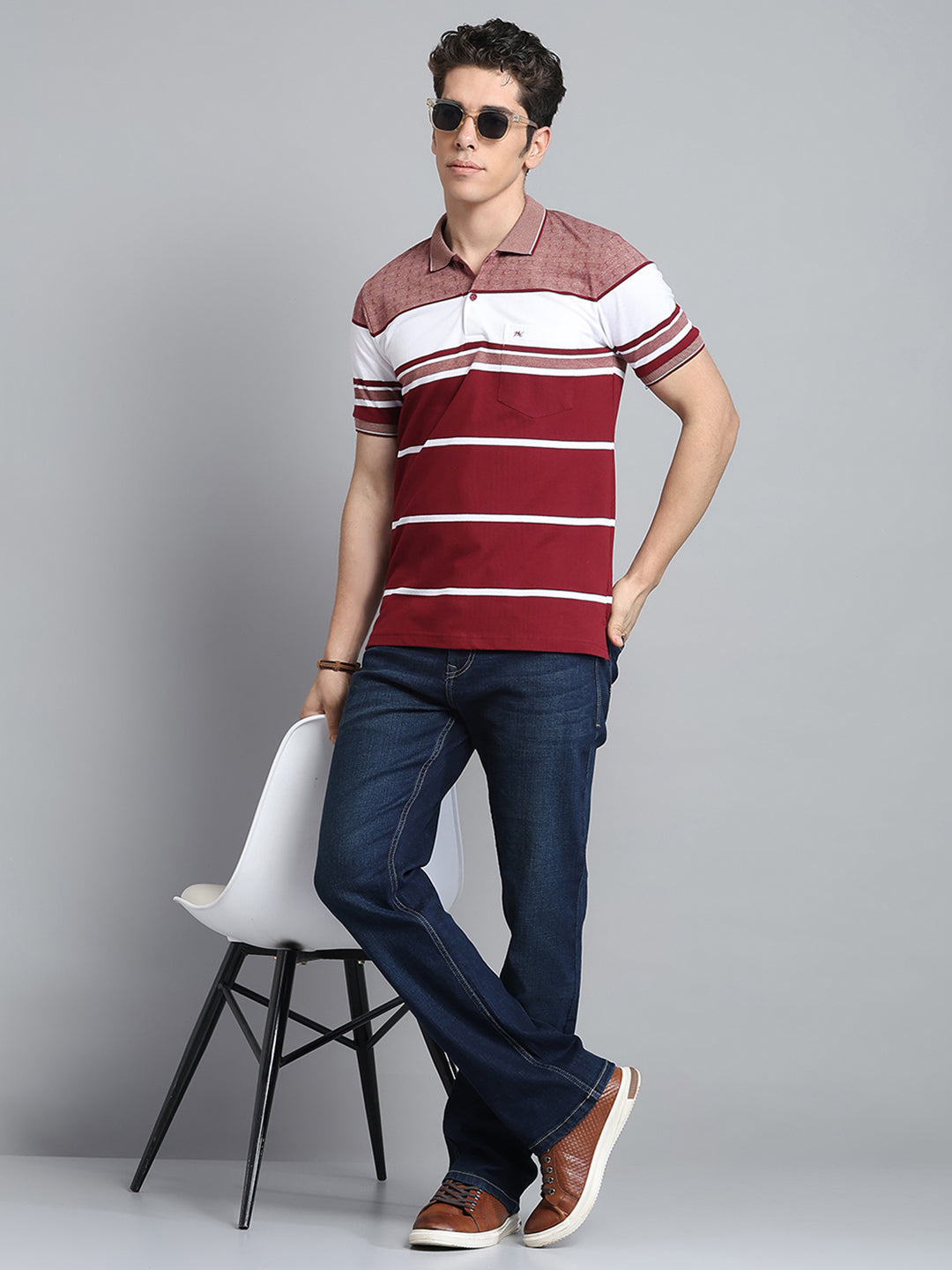 Men Maroon Stripe Collar Half Sleeve T-Shirt